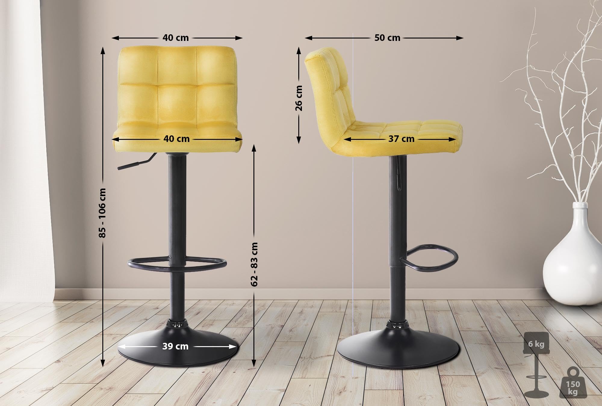 CLP Taburete De Cocina Feni En Terciopelo & Base De Metal Negro I Silla Alta De Bar Regulable En Altura & con Reposapiés, Color:Amarillo