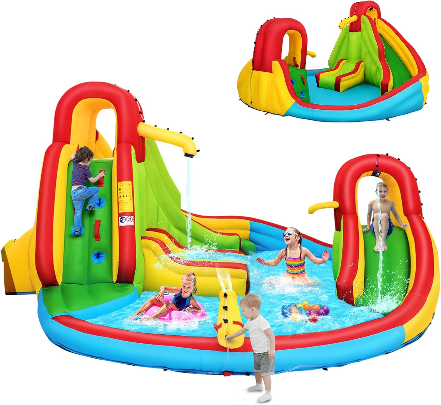 HONEY JOY Inflatable Water Slide, 7 in 1 Bouncy Inflatable Water Park w/Two Slides, Climbing Wall & Splash Pool, Hose, Water Cannons, Indoor Outdoor Blow Up Waterslides for Backyard (without Blower)