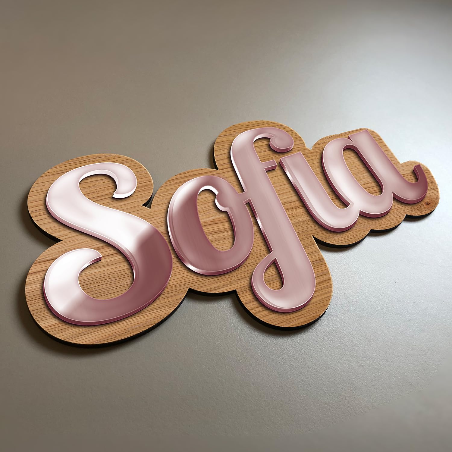 Prénom Pour Porte De Chambre Personnalisable - Nom D'Enfant À Personnaliser Adhésivé - Plaque En Bois & Troglass Miroir Lettres Découpées (LUXE) (Fond Chêne & Prénom Miroir ROSE)