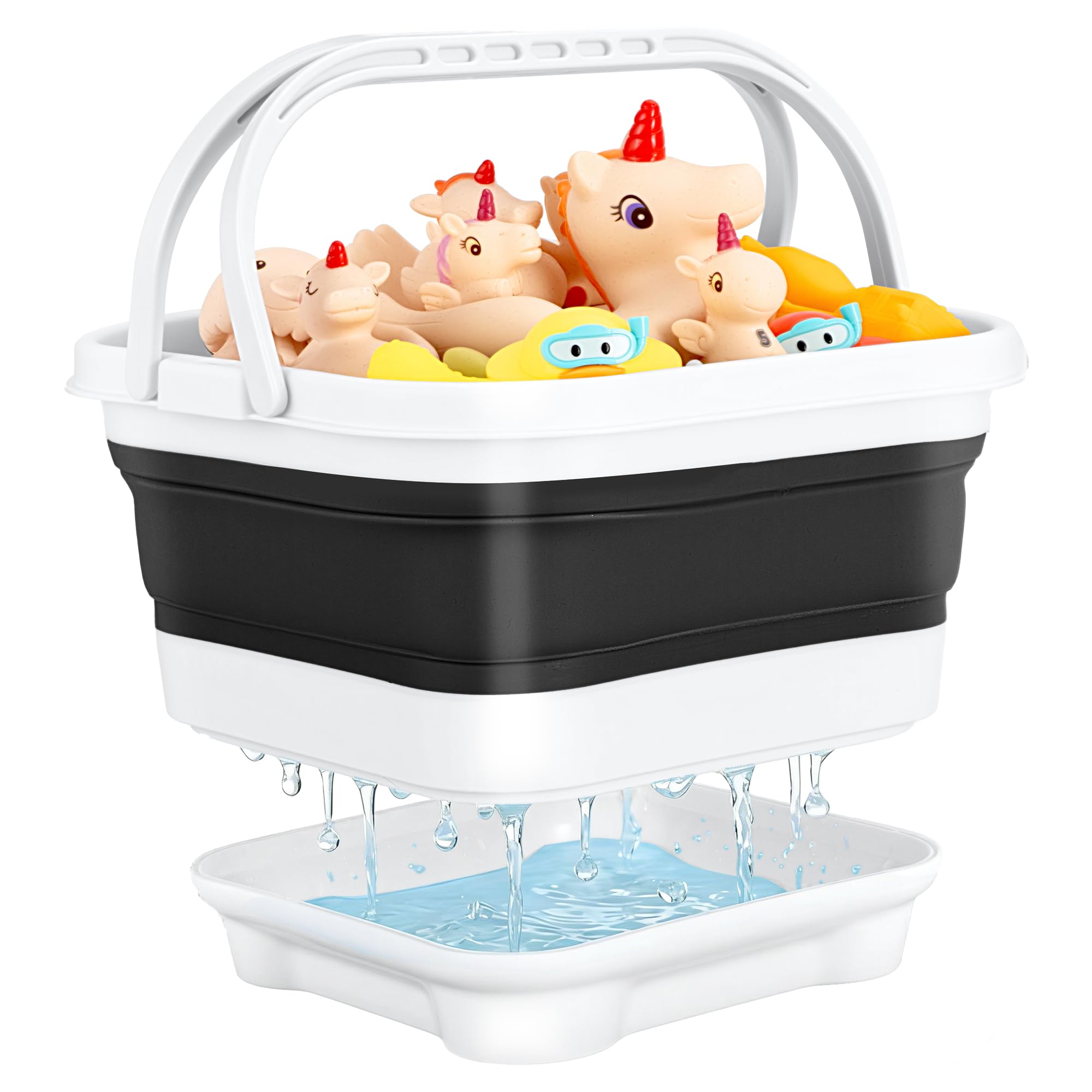 Foldable Bath Toy Storage, Silicone Basket with Drip Tray, Black