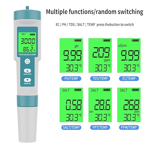 Miniatura 6 de Medidor de pH TDS Medidor digital 8 en 1 Probador de agua de piscina Probador de sal de salinidad, PH, TDS, EC, ORP, H2 y TDS, medidor de pH para
