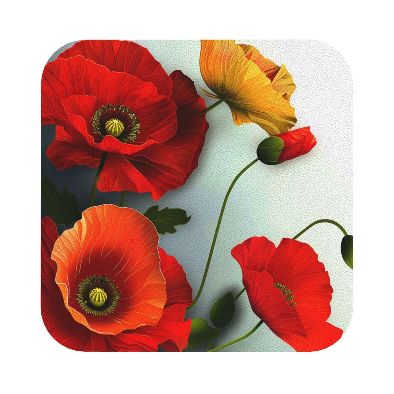 Flower Vivid Petals Print Leather Coaster Set of 6, Square Coasters Table Decorative Coffee Cup Beverage Coasters Wine Beer Bar Coasters for Hot Drinks Table Protection