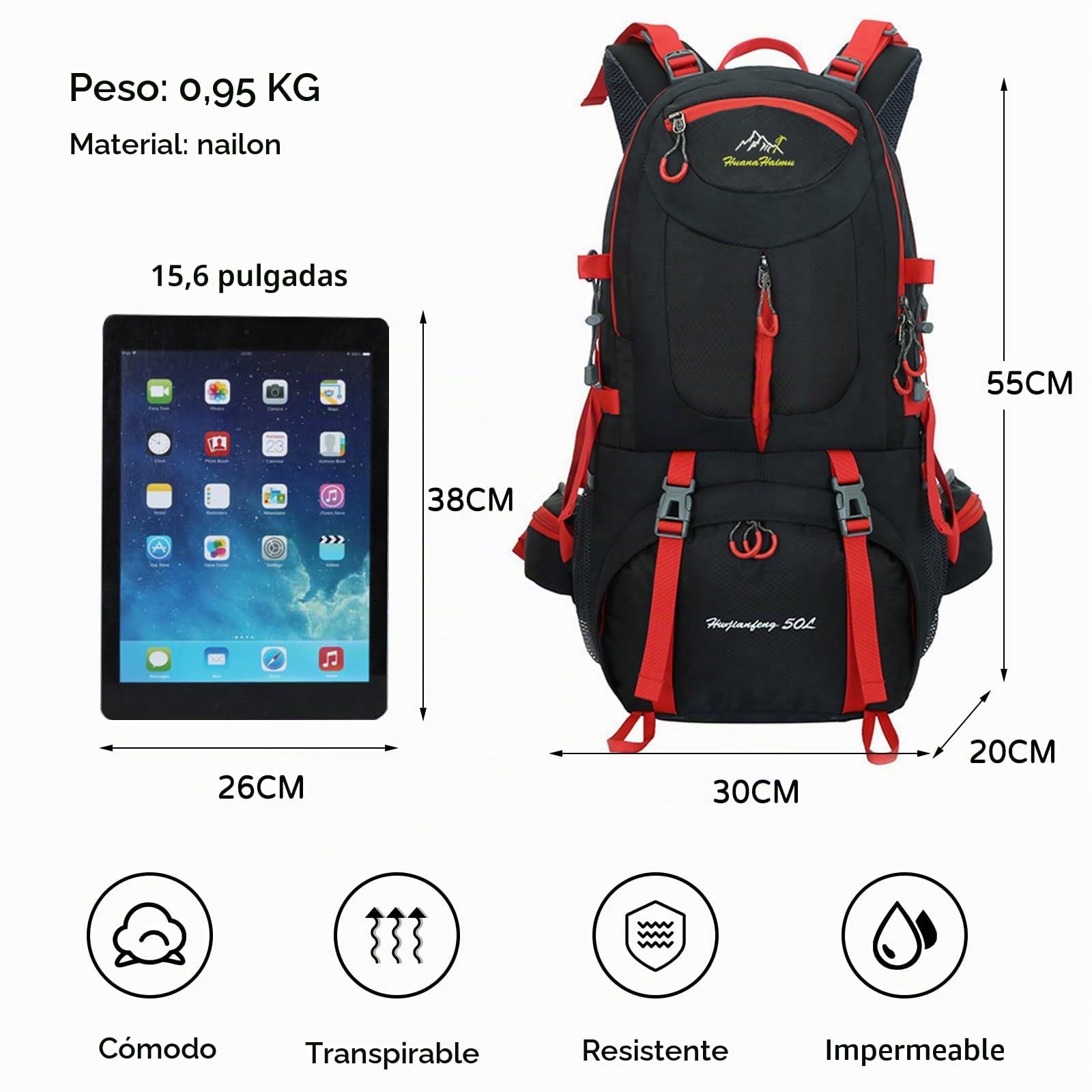 50L Mochila de Senderismo Mochila Impermeable Mochila Hiking Backpack para Hombre Mujer Acampar Hacer Ciclismo Escalada Deportes Aire Libre Negro