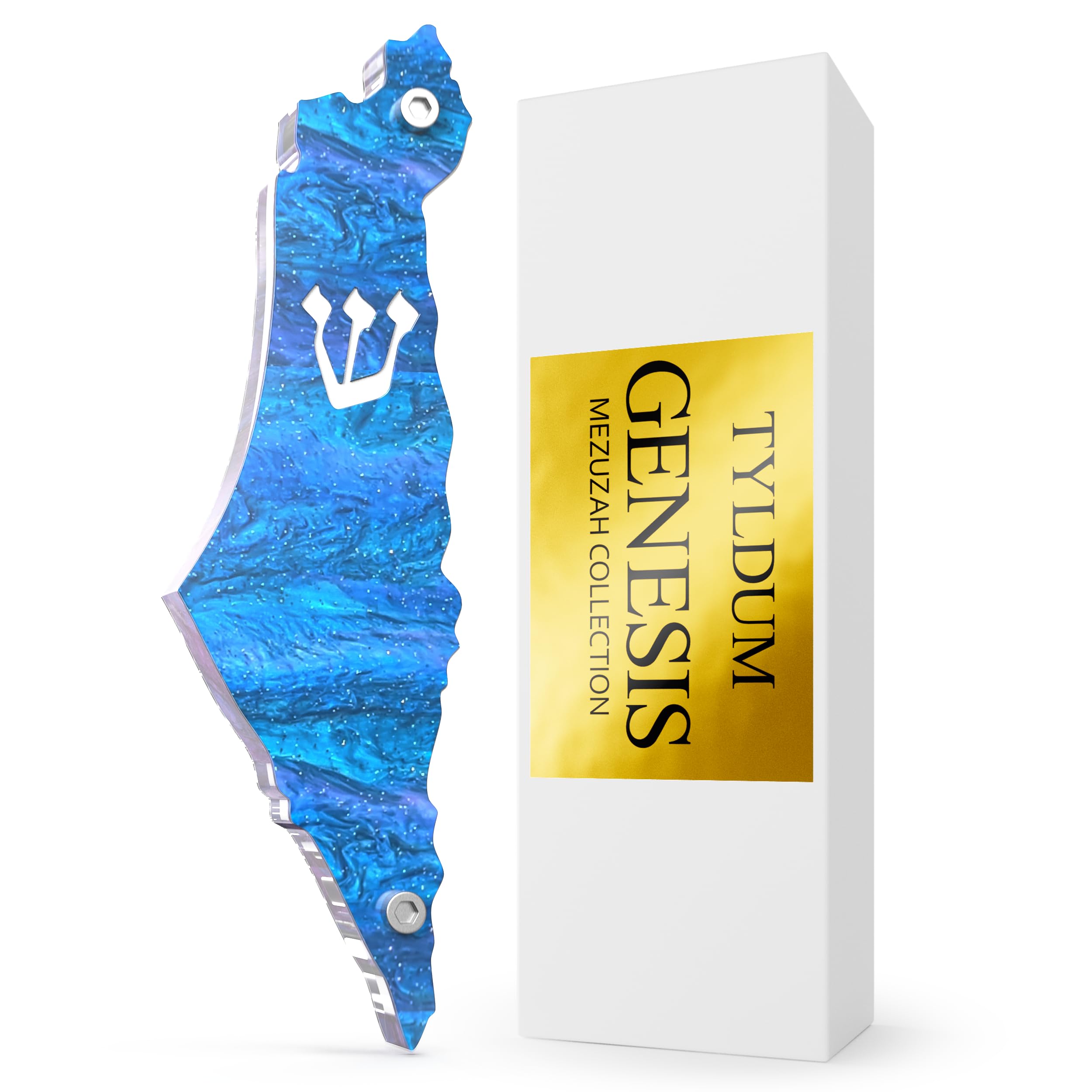 TYLDUM Genesis Mezuzah for Door – Modern Acrylic Mezuzah Case Without Kosher Scroll – Handmade in Canada Judaica Gift, Weatherproof, Jewish (Map, Blue Sea)