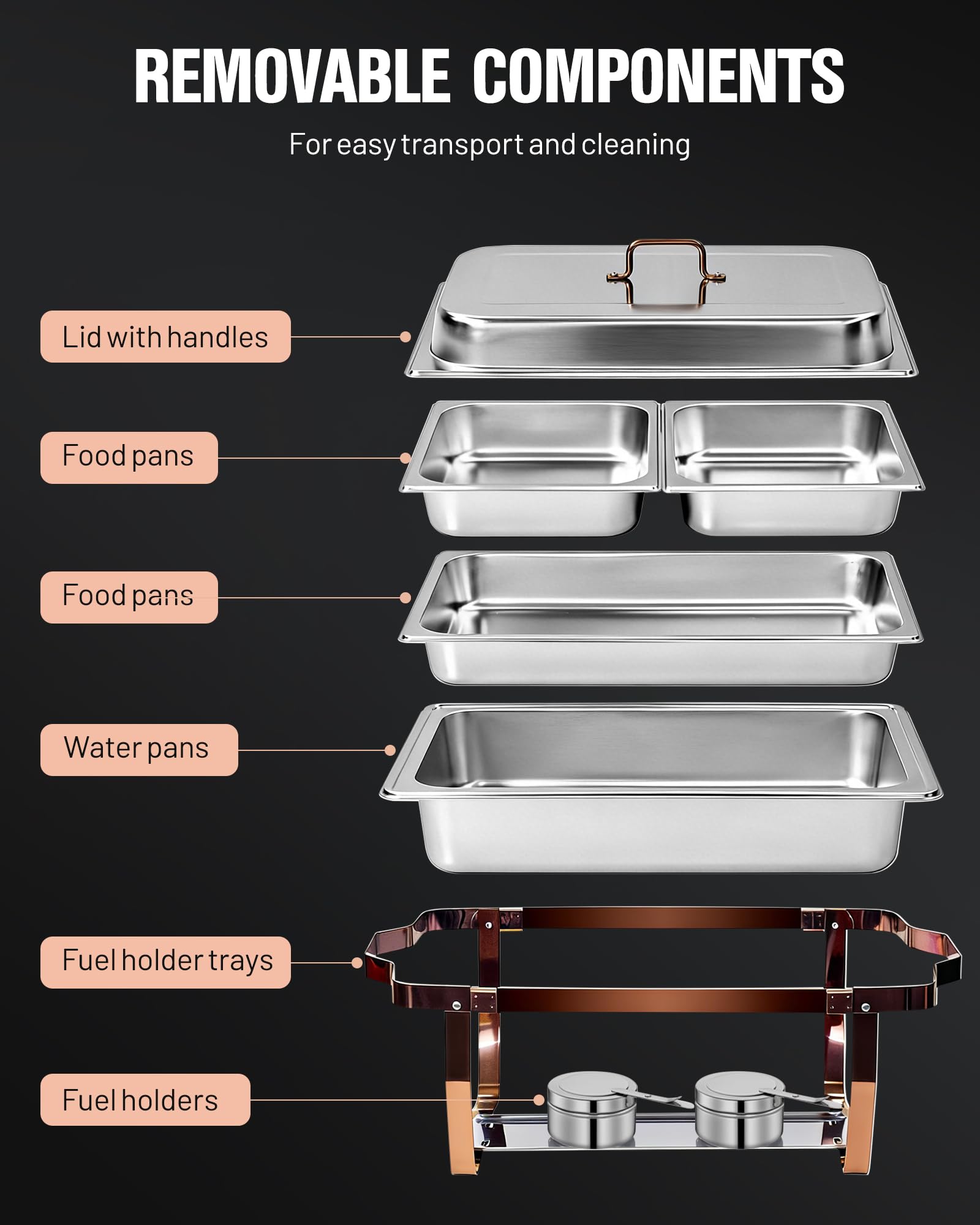 Chafing Dishes Buffet 2pcs, 9L, Scalda Vivande Portatile Rettangolare con Coperchio a Scomparsa [2 Vaschette Intere 4 Mezze Vaschette] Scaldavivande per Feste, Compleanni, Festività, Eventi in Chiesa
