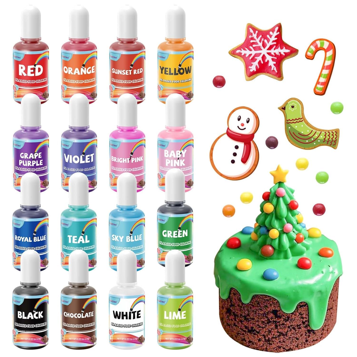 Oil Based Food Coloring, 15ml Vibrant Colors for Baking, Cake Decorating, Chocolate, Candy Melts, Icing, Fondant, Frosting, Slime and Crafts DIY, Food Grade Set, 0.35 Fl.Oz each Bottle