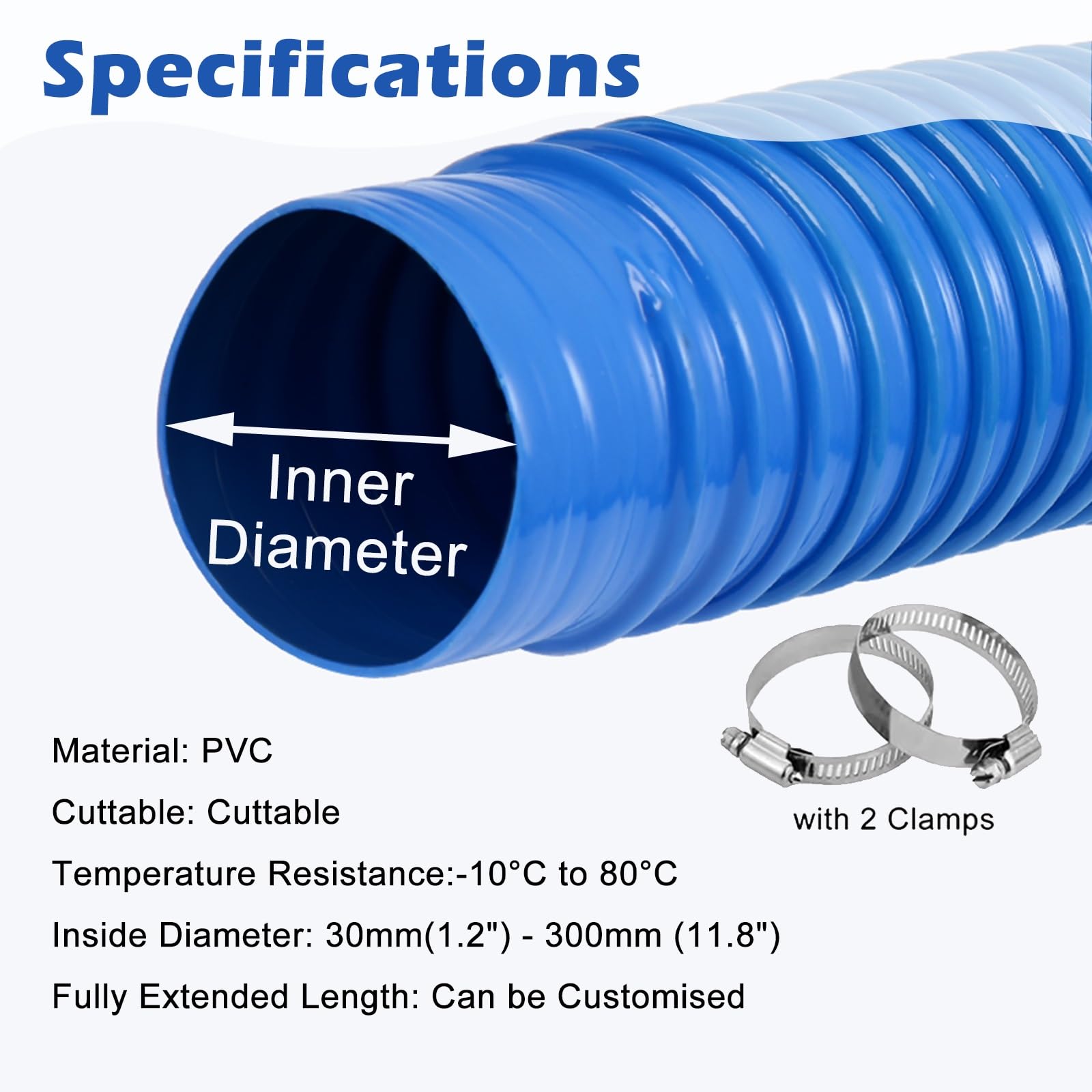 Tubo flessibile for condotto in PVC, diametro 30-300 mm, lunghezza 1-10 m(Id 140mm/5.5in,L 2m(6.6ft))