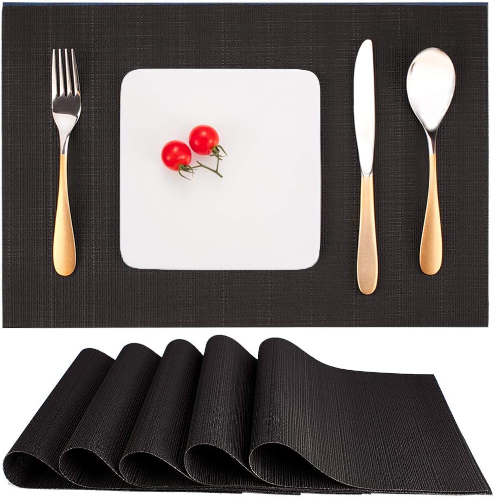 Belle Vous 6 Pack of Plain Black PVC Placemats - Non-Slip PVC & Washable Place Mats - Easy To ...