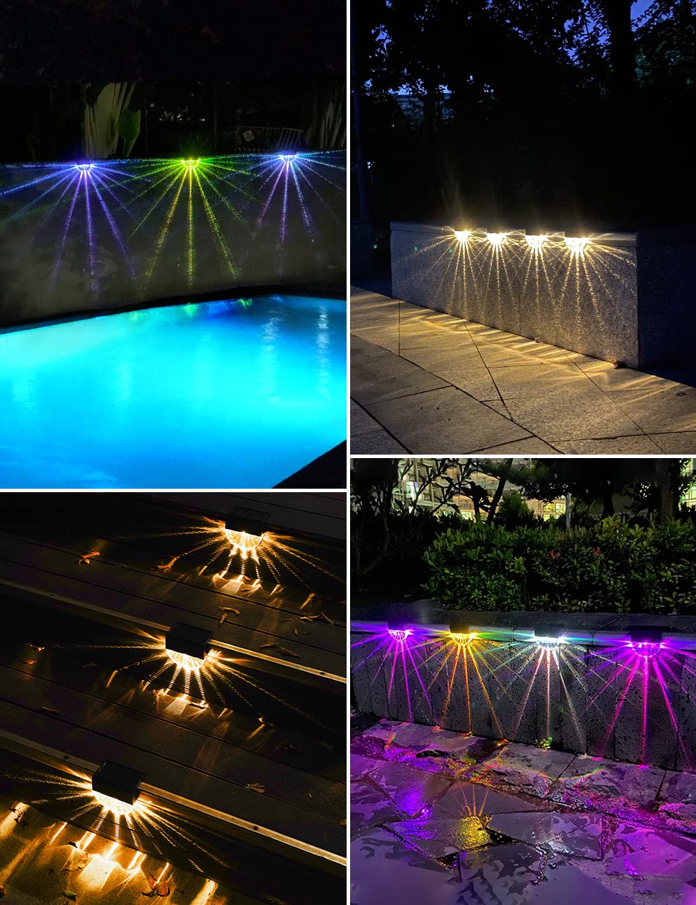 Luci Solari da Giardino, 4Pcs Faretti Solare Led da Esterno, 2 Mode,Bianco Caldo/Colore Lampada da Scale, IP65 Impermeabile Fari Terra per Patio Segnapasso Sentieri Recinzione Balcone Parete