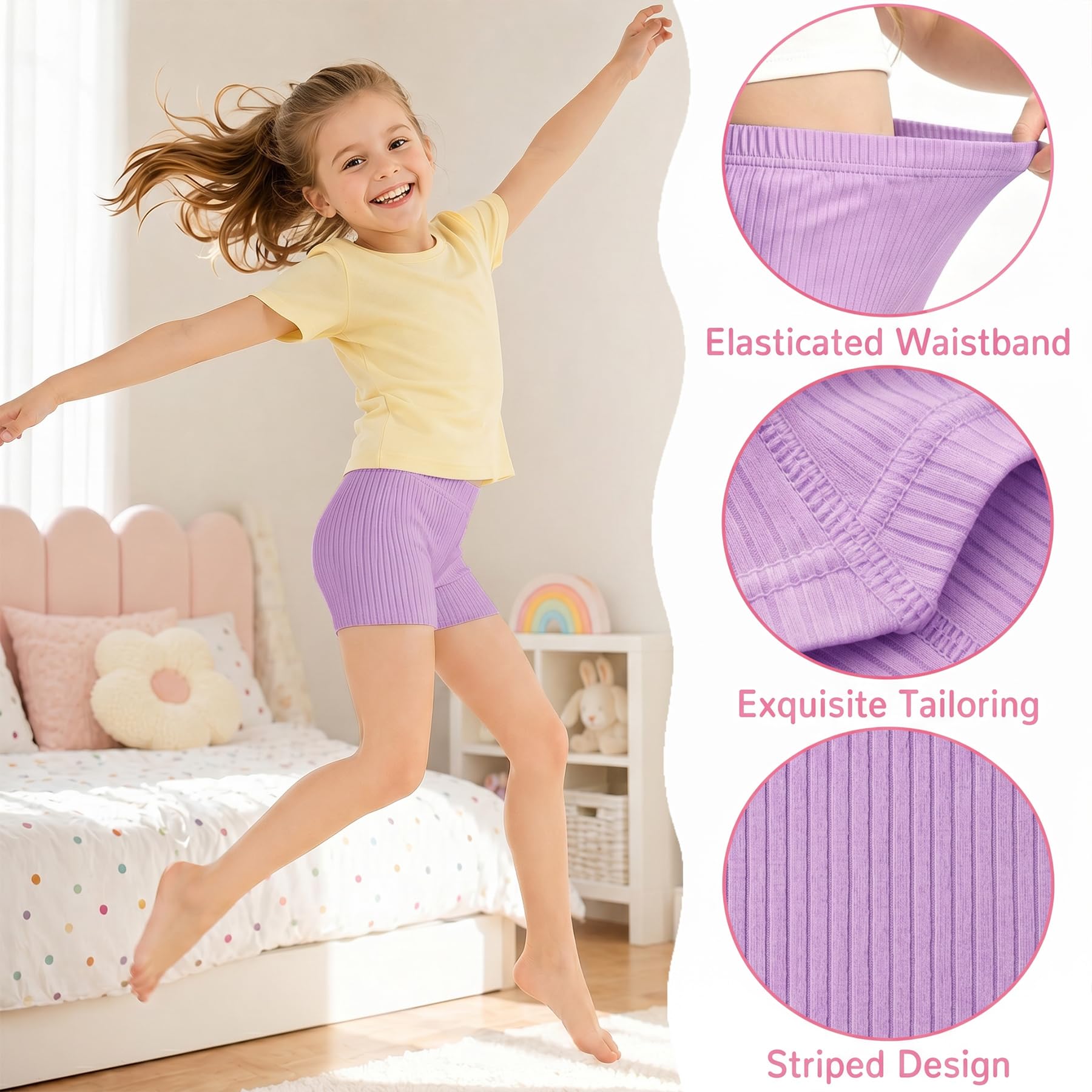 Pantalones Cortos de Ciclismo Niñas, Algodón Leggings Cortos con Cintura Elástica, Transpirable Diseño Acanalado Shorts Bailar Gimnasia para Infantil 5-16 Años, Lote de 3