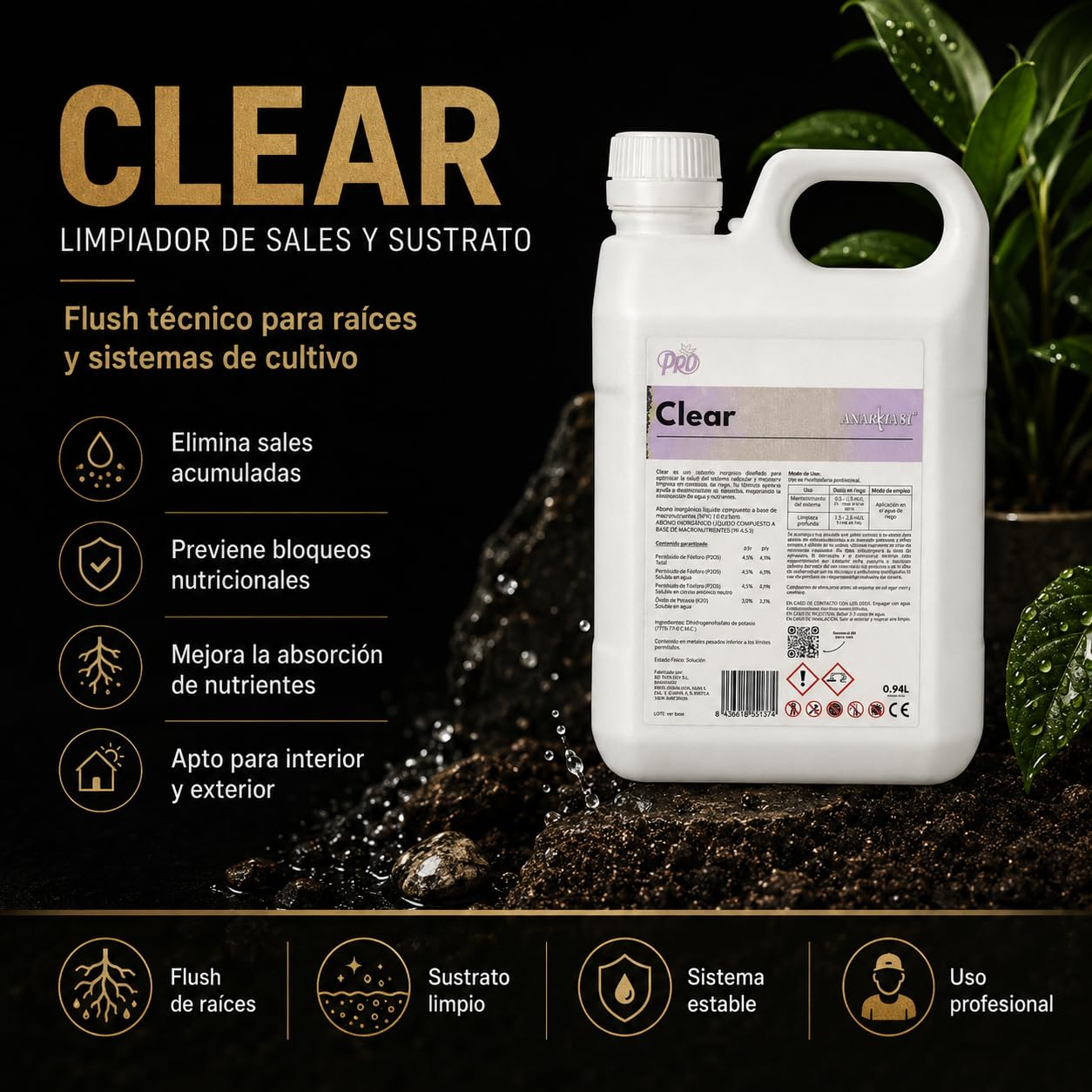 CLEAR 18,92 L – Limpiador de Sales y Sustrato Flush Raíces Limpieza Sistemas Hidropónicos Fertilizante Mantenimiento Cultivo Interior y Exterior - Anarkia81
