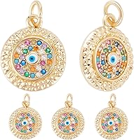 Vista 15 de Beebeecraft 5Pcs/Box Evil Eye Charms 18K Gold Plated Brass Flat Round with Blue Cubic Zirconia Turkish Evil Eye Pendants Jewelry Making Findings for