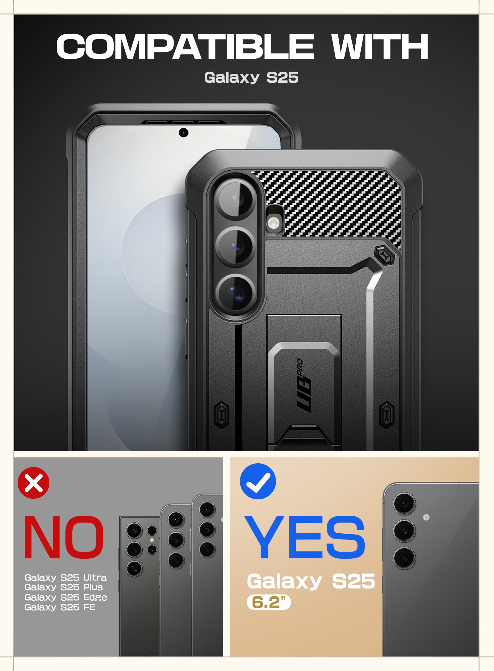 SUPCASE Coque pour Samsung Galaxy S25 avec 2 Protecteurs d’Ecran Avant (sans Film + avec Film) [Protection Robuste Qualité Militaire] avec Support Béquille & Clip Ceinture pour Samsung S25, Noir