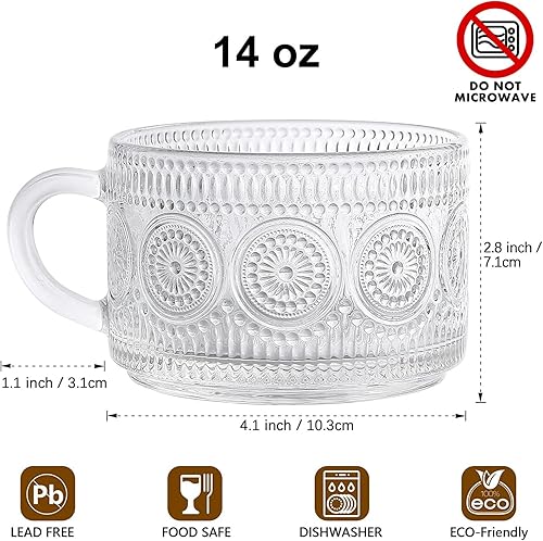 Miniatura 2 de Tazas de té de café vintage, tazas de vidrio de 14 onzas, juego de 2 vasos en relieve con asa, para capuchino, café con leche, cereales, yogur,