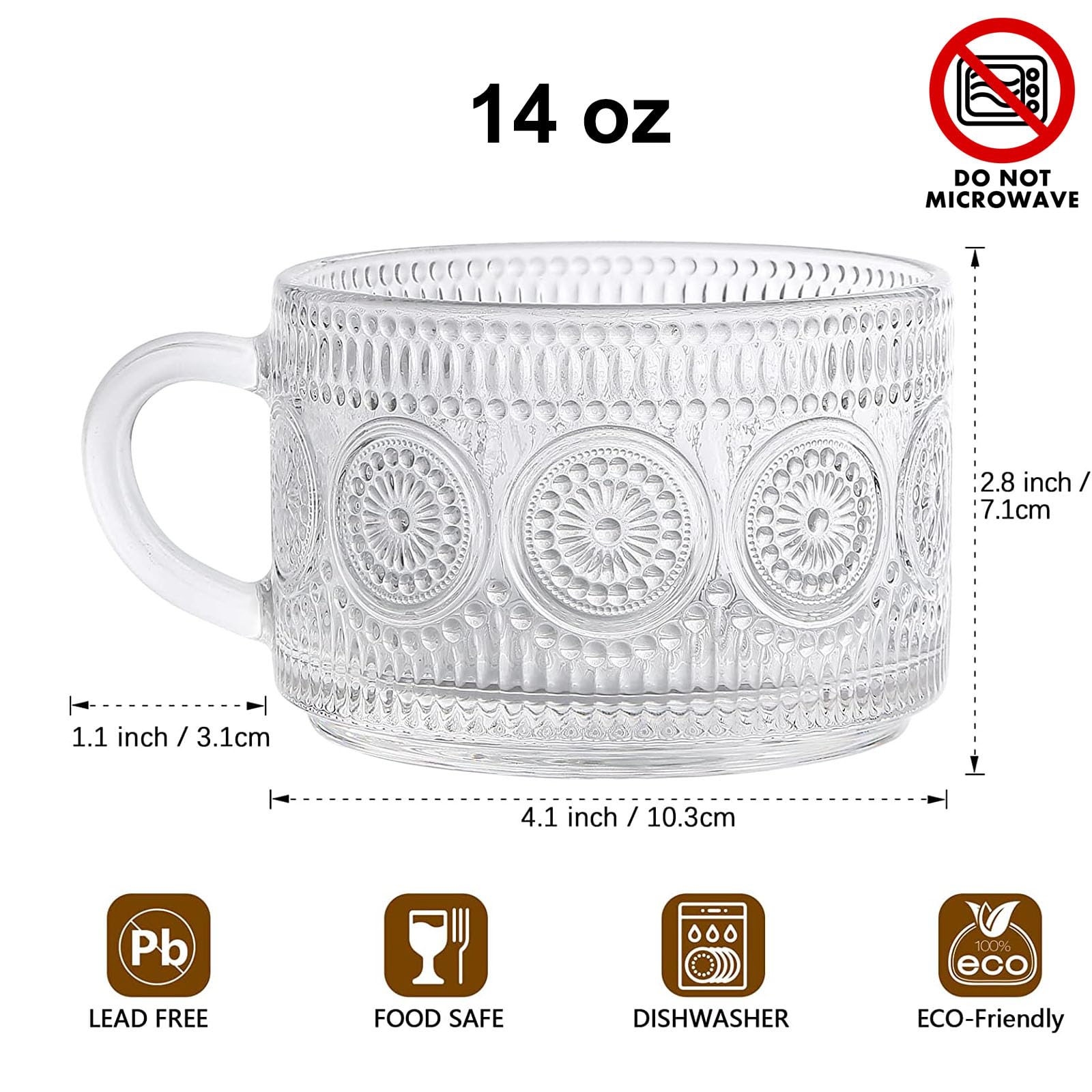 Juego de 2 tazas de té y café vintage, de 14 onzas, con relieve, para capuchino, latte, cereales, yogur, bebidas calientes/frías, leche