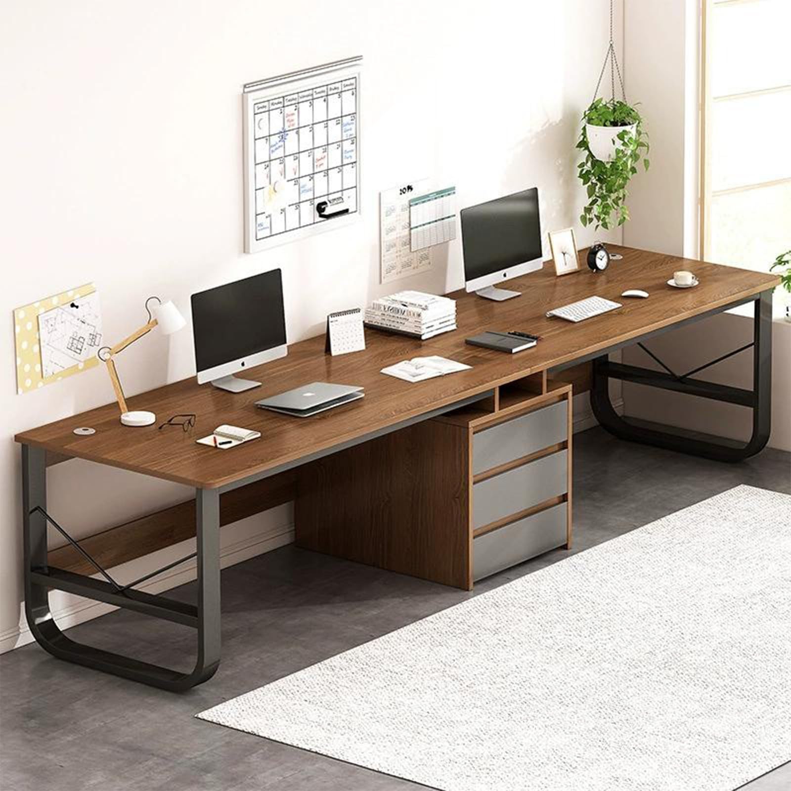 Escritorio extralargo para dos personas con cajones, estación de trabajo doble para ordenador y juegos, mesa de estudio de madera para oficina en casa white,L200cm