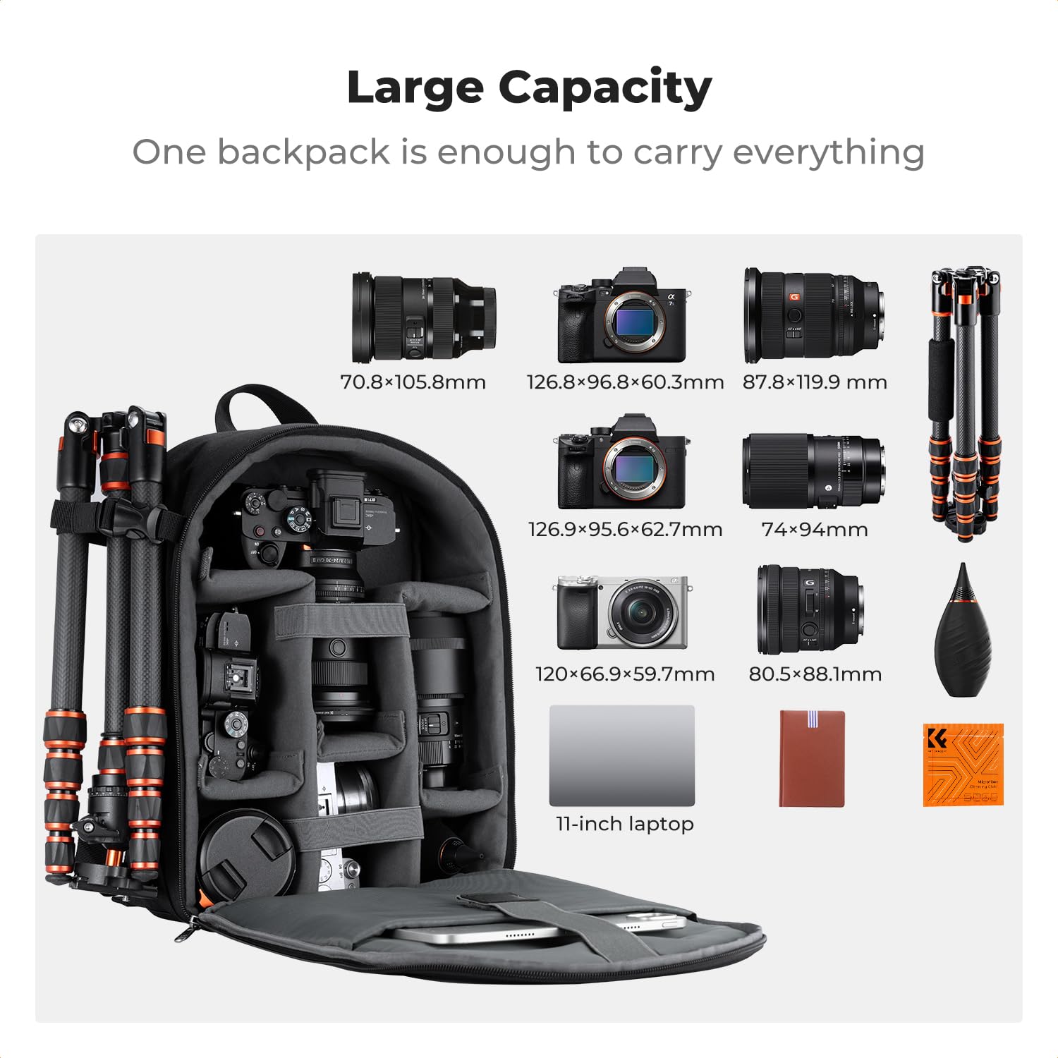 K&F CONCEPT Mochila Camara Fotos 13L, Ligera e Impermeable, Camera Bag, Mochila de Cámara, Compatible con Sony Canon Nikon, Incluye Bolsillos Frontales y Porta Trípode, Negro Mate