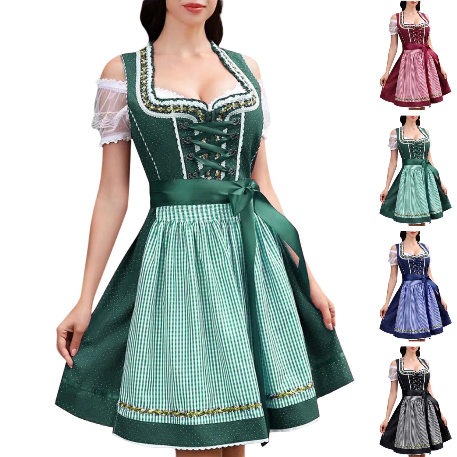 Generisch Women's Dirndl Carnival Oktoberfest Red White Stripes Smock with Apron Blouse Bow Comfortable Party Wear Festive Dress Sexy Carnival Costumes Multicoloured S-3XL, Green, L