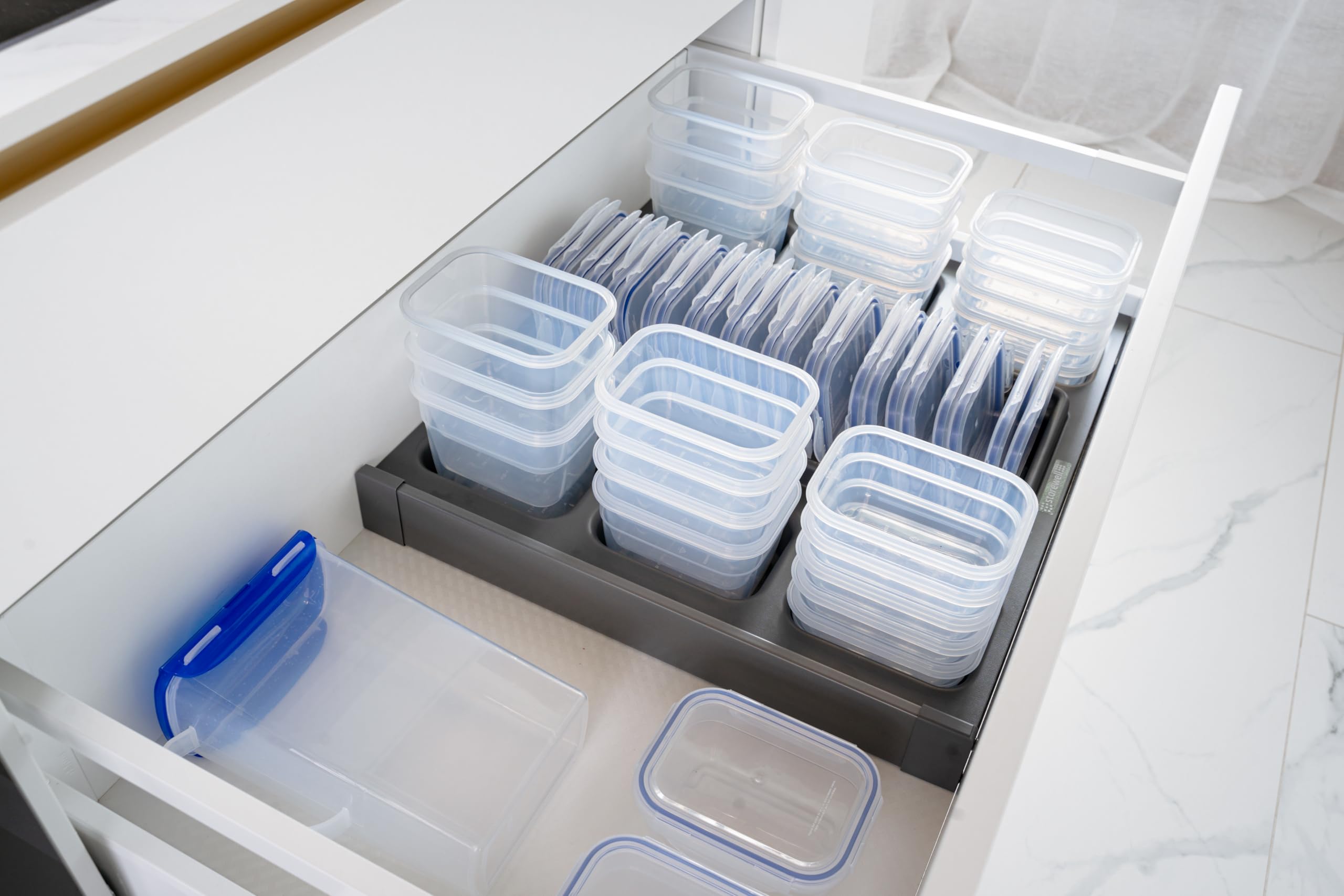 Nest24 – organizer do szuflady kuchennej z 24 pojemnikami na żywność układanymi jeden w drugi – kompatybilny z LocknLock HSM3640, HSM3660, HSM3680 – 17,9 l (52,3 × 52,6 × 20,0 cm)