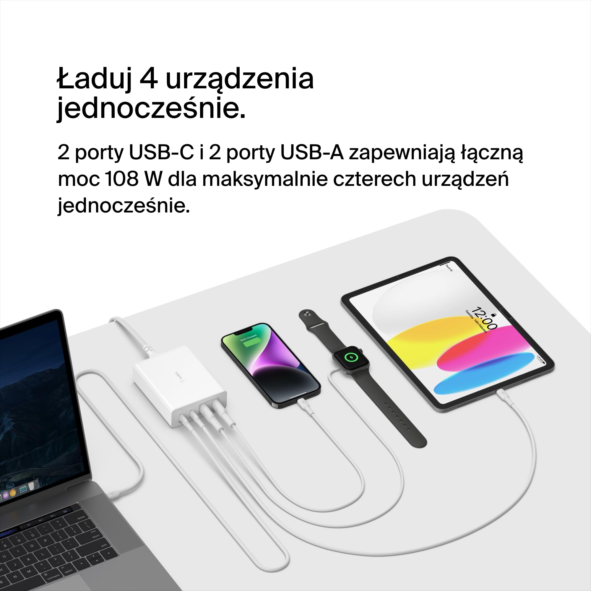 Uniwersalna stacja ładująca Belkin GaN USB 108 W, koncentrator z funkcją szybkiego ładowania z 2 × USB C oraz 2 × USB A do MacBooka Pro, Air, iPhone’a 15, iPada Pro, Air, Galaxy, Pixel i innych