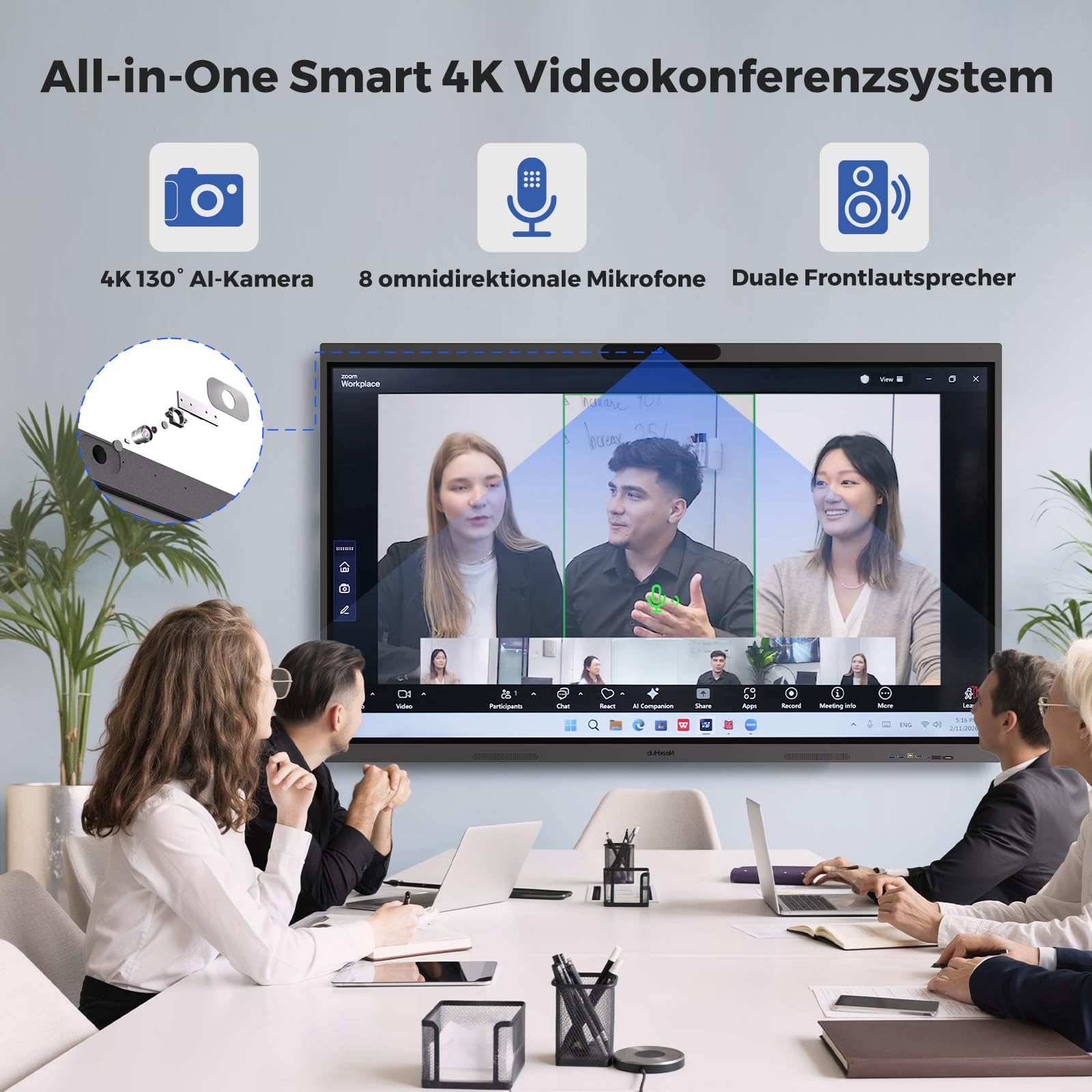NearHub Max Interaktives Whiteboard 55" Win11 Pro 4K-Kamera & 8-Mic | 16GB+256GB, 40 Touchpunkte, Native Zoom Rooms & Microsoft Teams, 40-Punkt-Multi-Touch, Bildschirmfreigabe