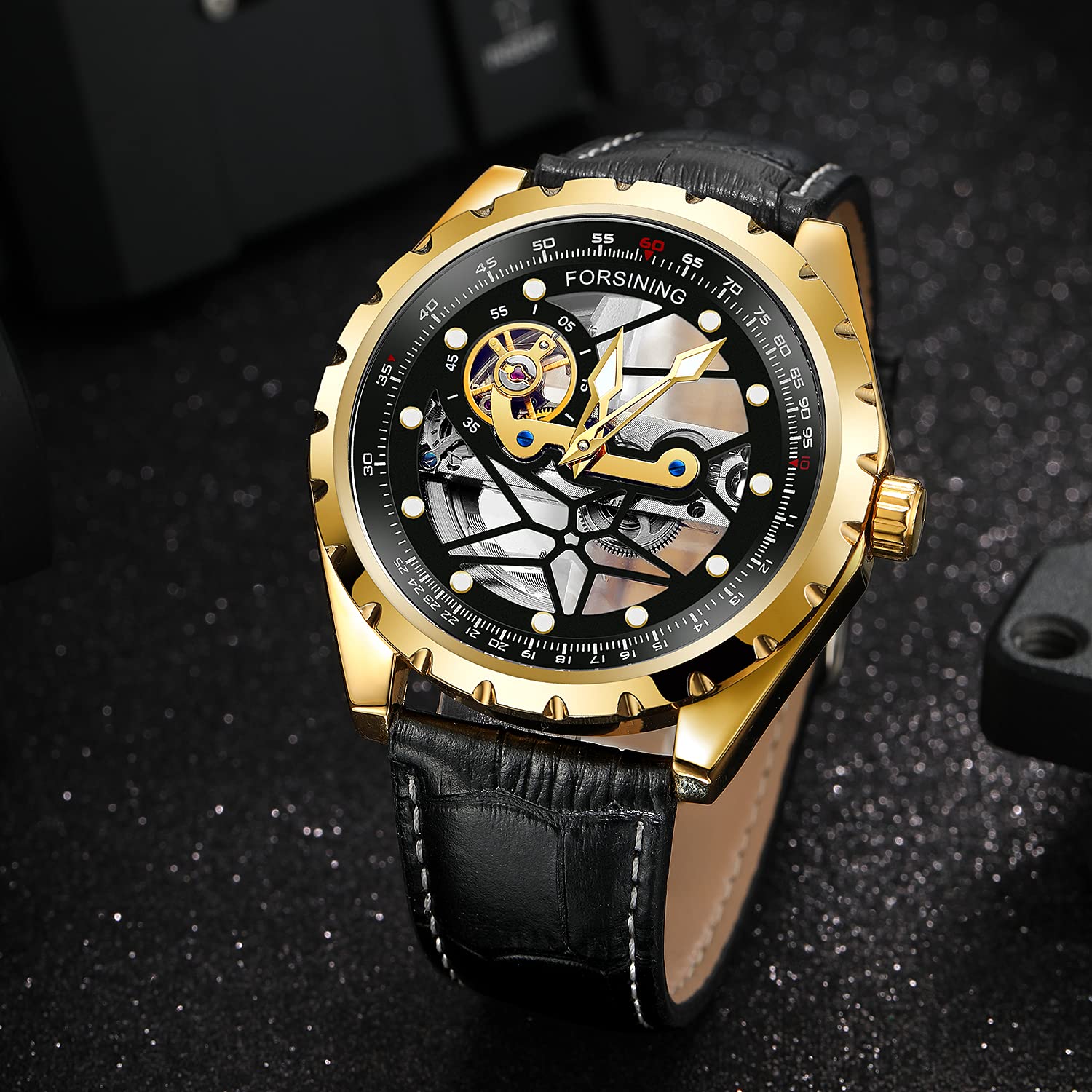 FORSINING Reloj mecánico de lujo para hombre, esfera grande, 48 mm, esqueleto transparente, impermeable, analógico