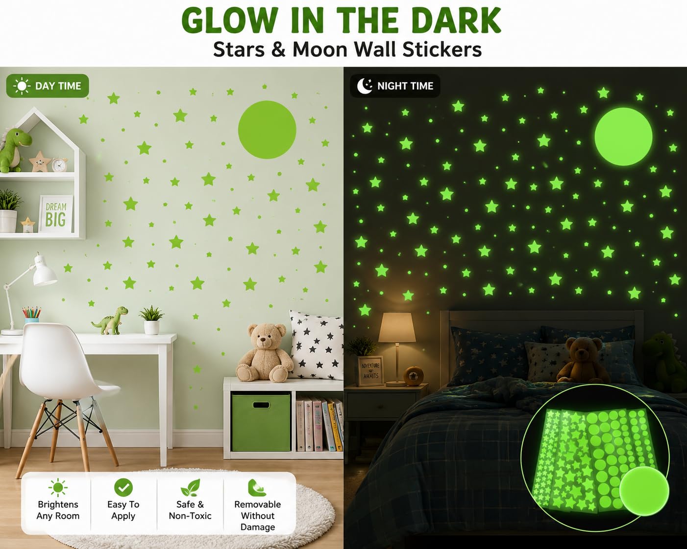 DreamKraft Glow in The Dark Moon & Stars Wall Stickers for Kids Room 2