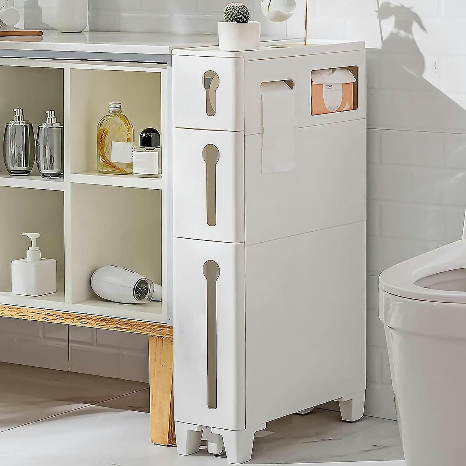 Mobile da bagno sottile con 4 cassetti e 2 rotelle, grande capacità, per spazi ristretti.