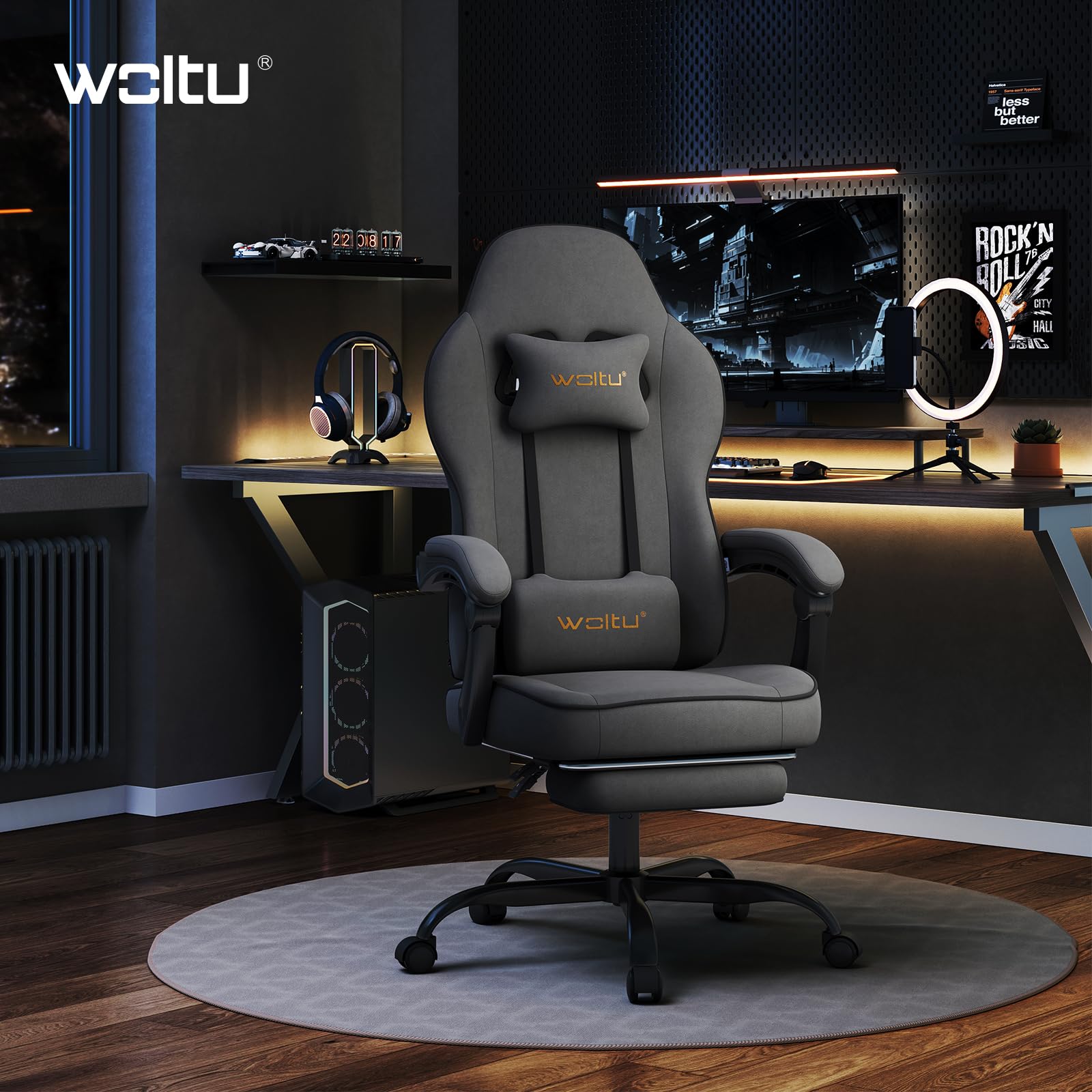 WOLTU Gaming Stuhl Stoff mit Bequemlichkeit Federunterlage, Kühl im Sommer, Gamer Chair Sessel Hohe Belastbarkeit ergonomischer mit Kopfkissen, Lendenkissen, Fußstütze, Tech-Stoff, Grau