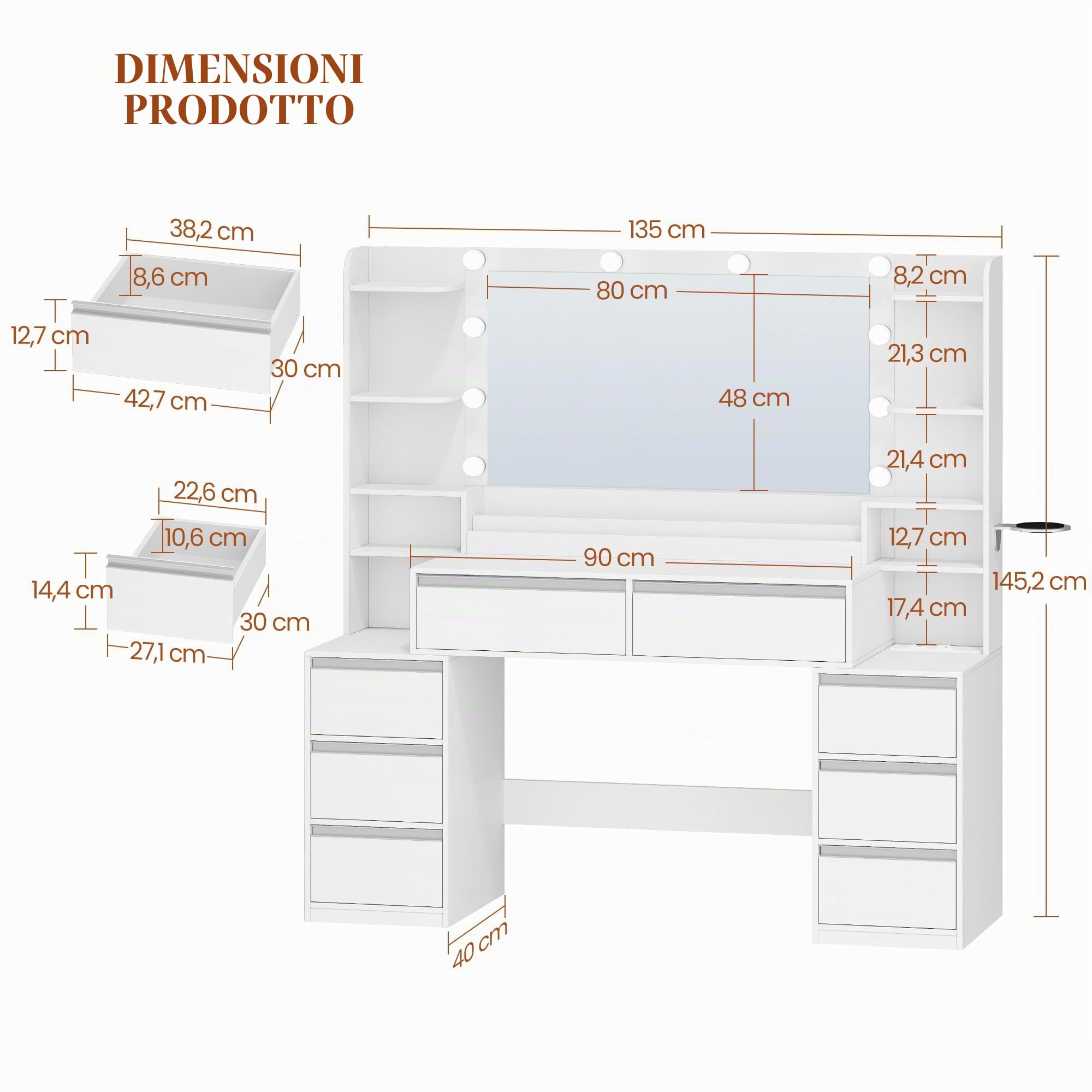 HEXCELEN 135cm Toeletta Trucco con Specchio, Bianco-Argento