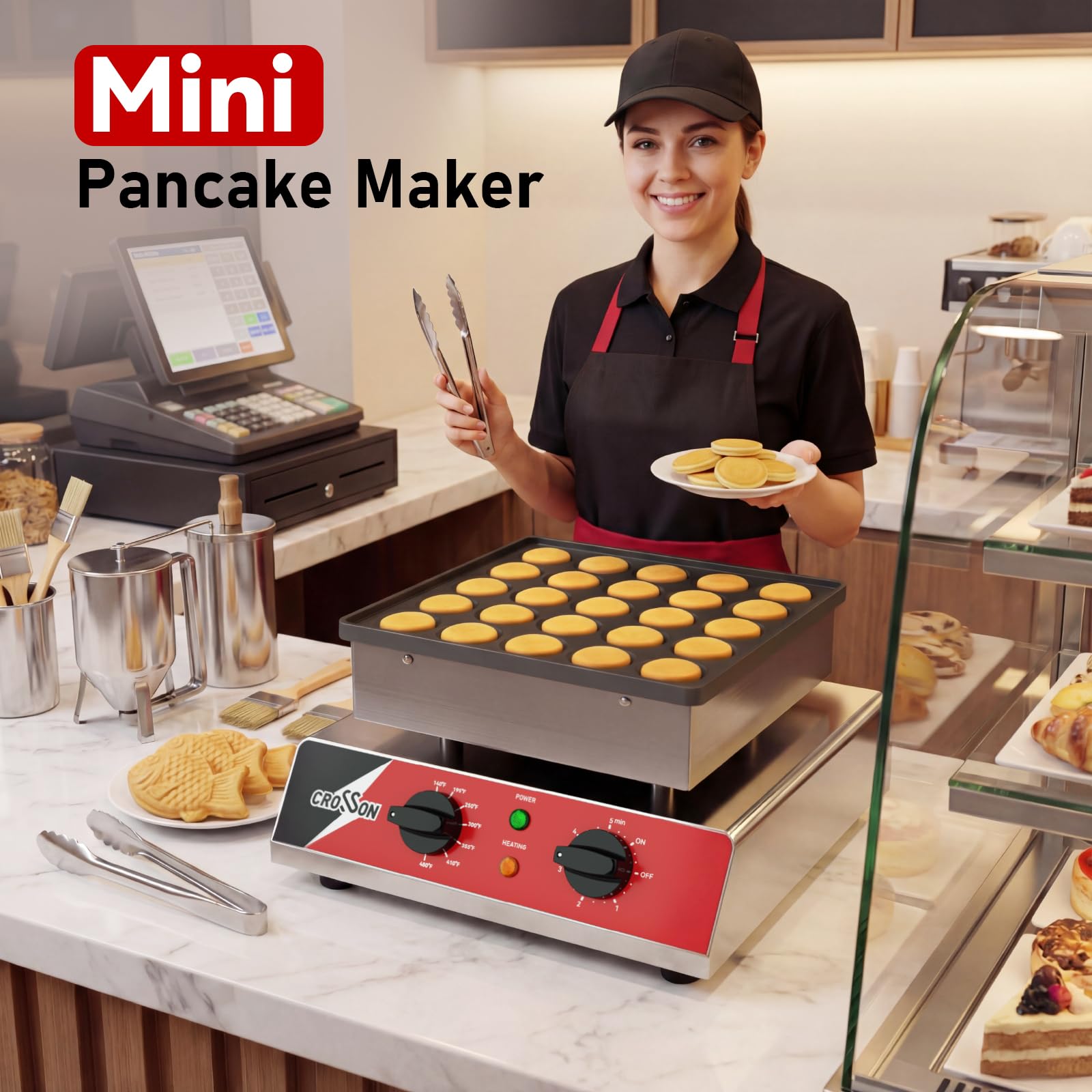 CROSSON Maquina para 25 Mini Pancakes 43 mm Diámetro,Mini Máquina para Hacer Panqueques Holandesa con Revestimiento Antiadherente,Temporizador y Temperatura para Tortitas,Dorayaki y Poffertjes
