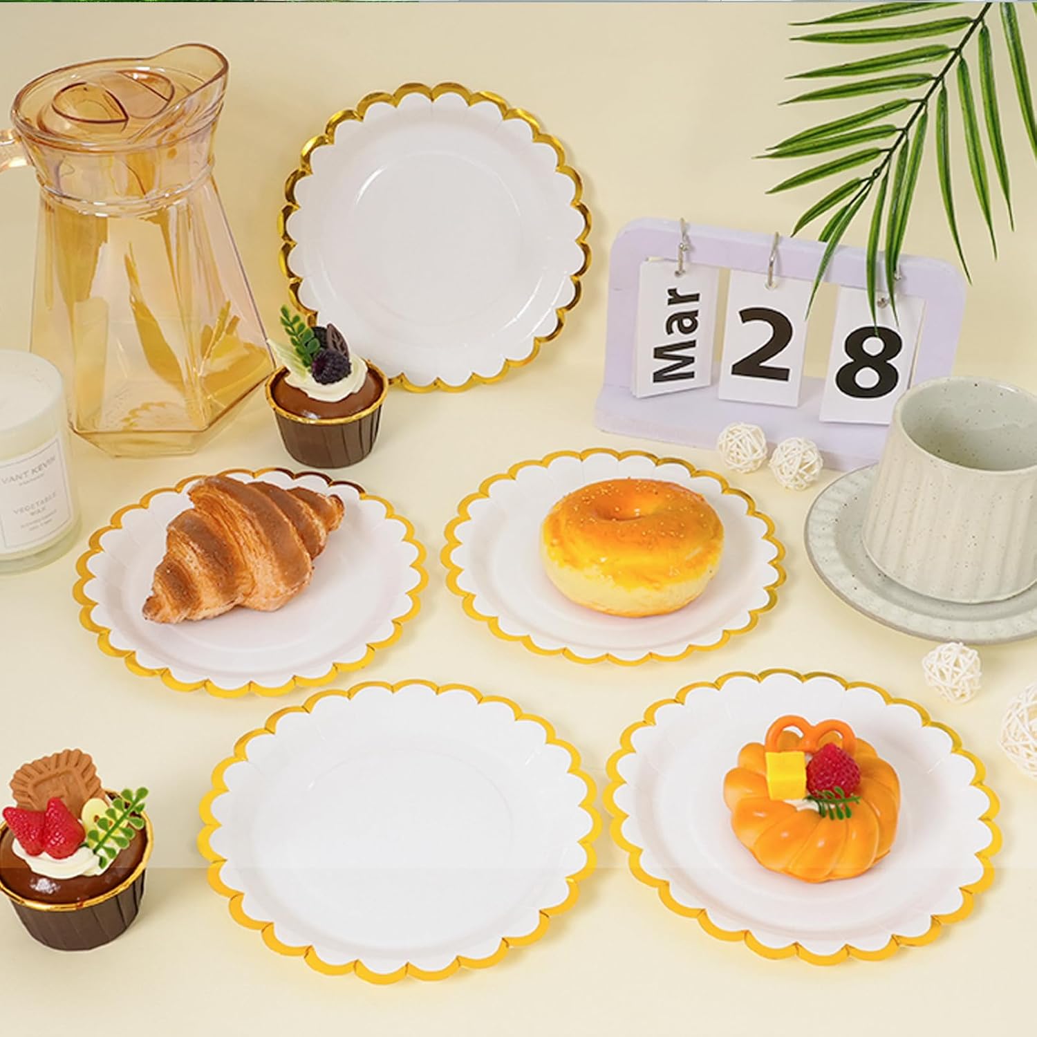 White scalloped party plates with napkins and fork gold foil border, 24 Guest disposable Tableware Set Party Decoration for Birthday Coquette Bridal Baby Shower Valentines - Image 4