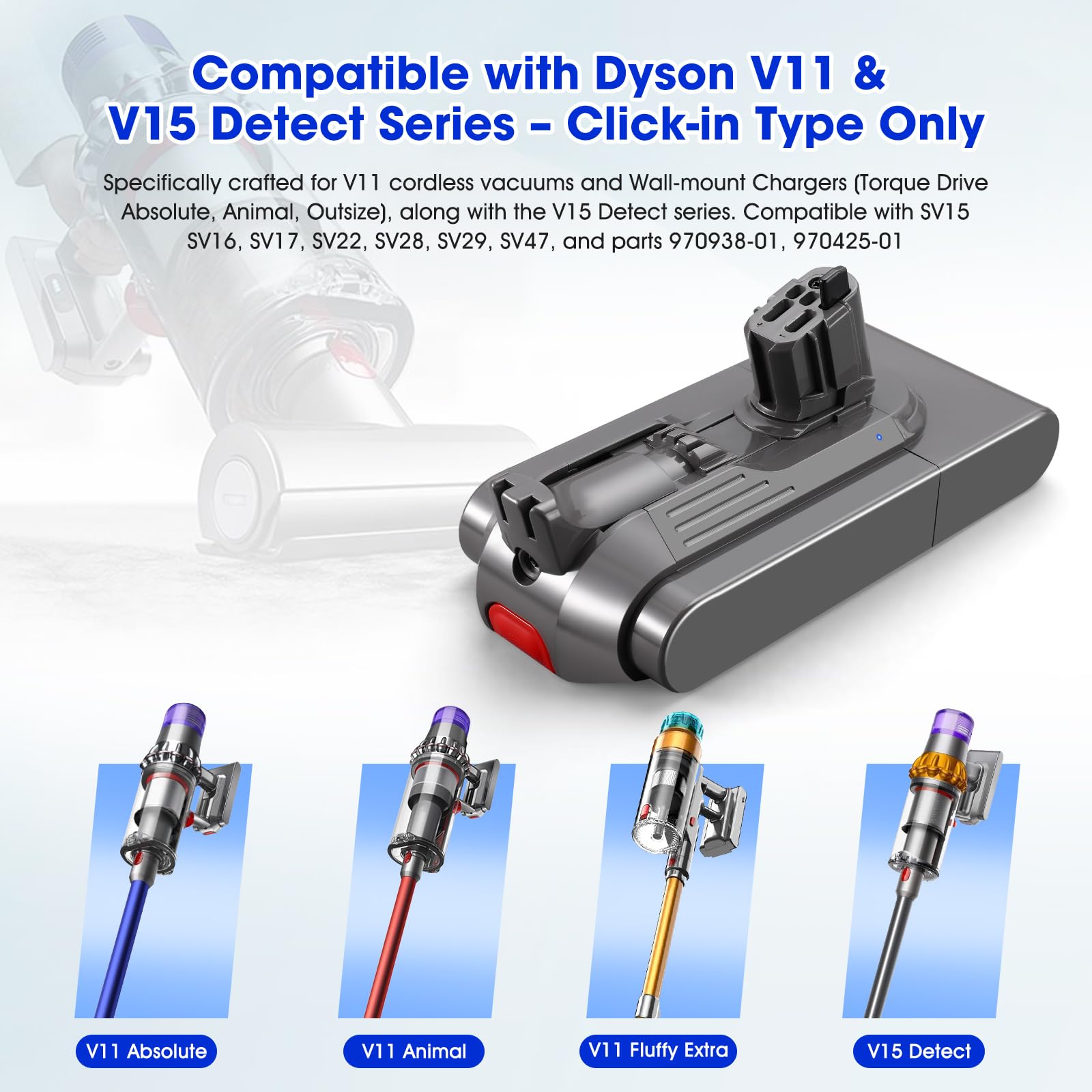 V11 Batería de repuesto 25,2 V 99,79 Wh para Dyson V11 V15 | Tipo de click-in compatible con SV15, SV16, 970425-01; no para modelo de tornillo