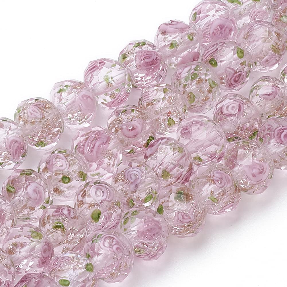 PH PandaHall 60pcs 8~10mm Pink Rose Lampwork Beads Gold Sand Glass Beads Flower Glass Beads 1.5~2mm Hole Floral Handmade Lampwork Beads Round Loose Beads for Rosary Making Jewelry Craft Making