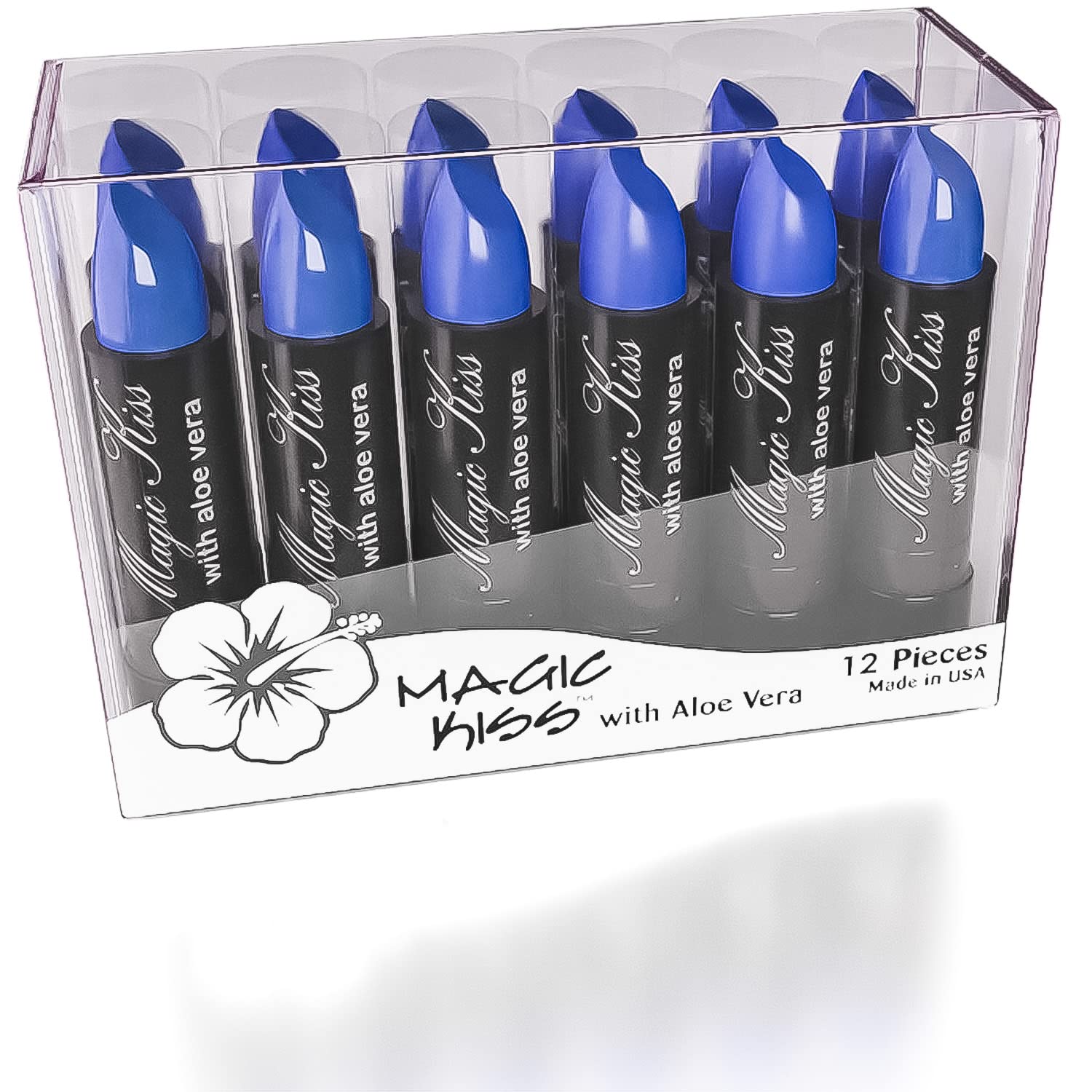 Magic Kiss Pack of 12 Color Changing Aloe Vera Lipstick set, MADE IN USA (Blue)