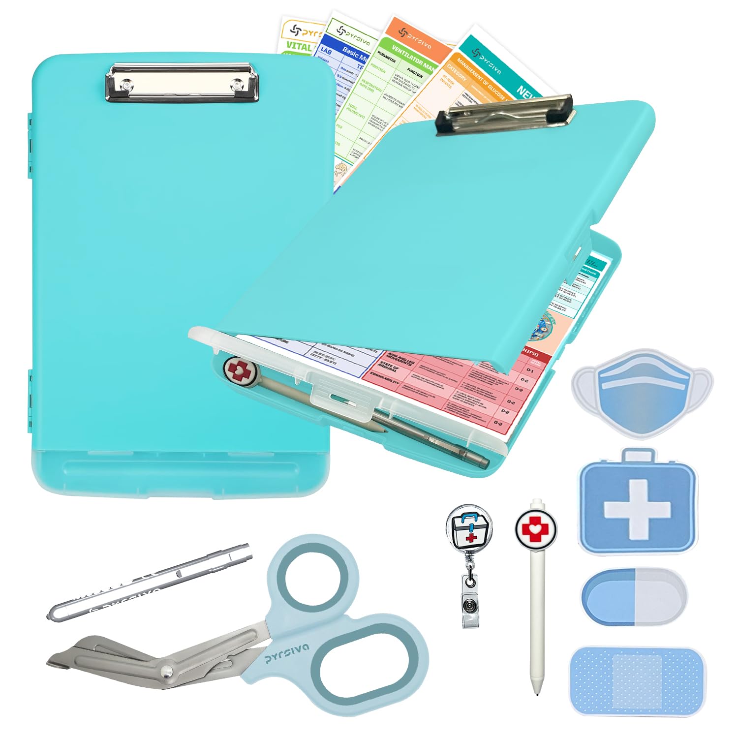Pyrsiva Nursing Kit – Nurse Accessories for Work | Trauma Shears, Clipboard with Storage, Badge Reel, Pen Light, Sticky Notes, Pen & Cheat Sheet – for