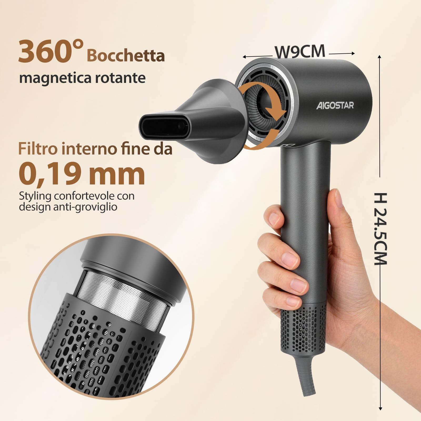 Aigostar Phon Capelli Professionale 1600W, Ioni Negativi - Asciugacapelli Leggero 450g con Motore Brushless 110.000 RPM, 55 dB Silenzioso, Accessori Magnetici con Diffusore - Per Casa e Salone