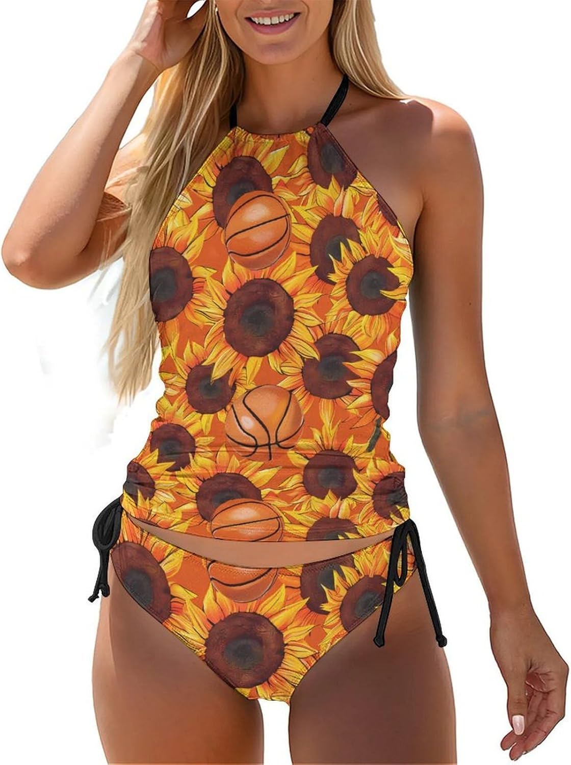 Basketball Sunflowers Women's Tankini Swimsuit Two Piece Tummy Control Bathing Suits Tie String Swimwear