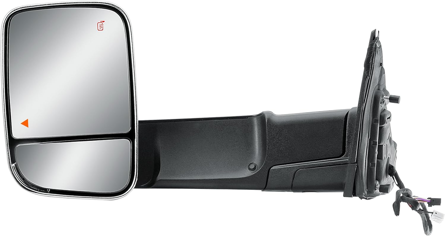 replacement driver left side door towing mirror power and heated glass with blis turn signal light puddle light temperature sensor chrome back cover manual folding for 2019 to 2024 ram 1500 chrome driver (lh) side