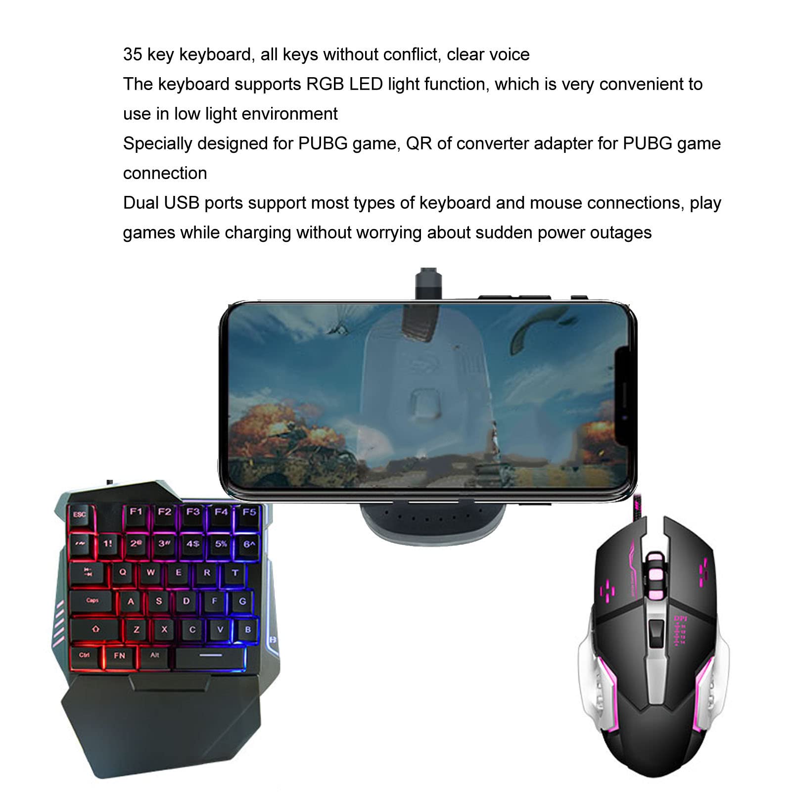 Bewinner Einhand-RGB-Gaming-Tastatur und Hintergrundbeleuchtete Maus-Kombination, USB-Kabel, 35-Tasten-Tastatur, 6-Tasten-Gaming-Maus-Konverter-Set mit Halterung für PC-Gamer