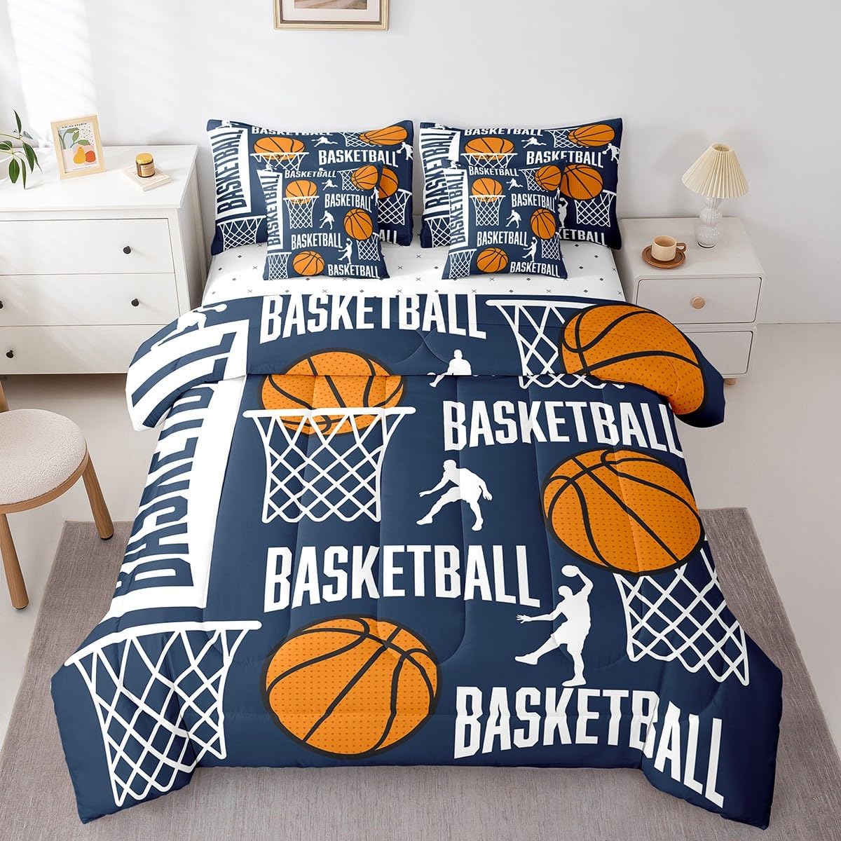 Feelyou Basketball 7 Piece Bedding Set Twin Size Boys Kids Basketball Player Comforter Set with Sheets Gift for Basketball Lover Bed in a Bag Navy Blue Bed Set