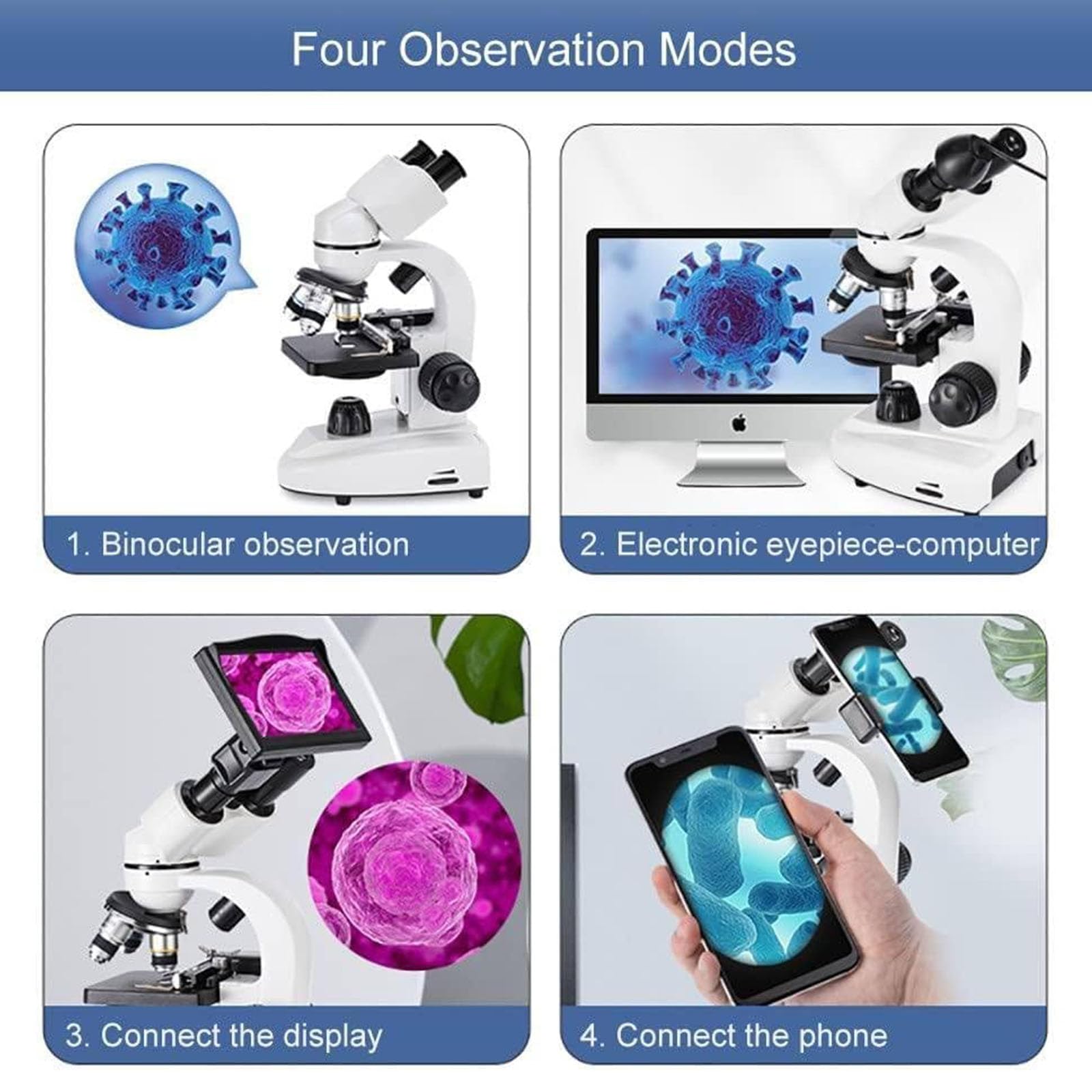 Microscopio Óptico De Laboratorio, Microscopio Binocular Compuesto 40X-2500X, con Ocular Eléctrico De 2.0 MP, Iluminación LED Dual, Captura De Imágenes Y Grabación De Video