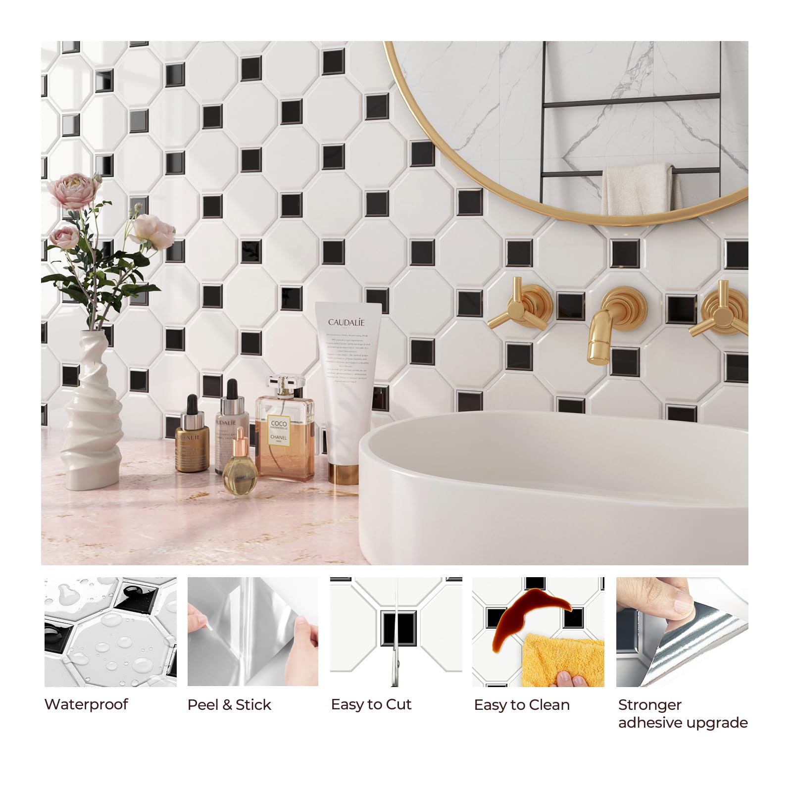 FunStick 30CMx30CM 30 Piastrelle PVC Adesive Bianco Nero Carta Adesiva per Mattonelle Bagno Quadrato Esagonale Adesivi Murali 3D Adesivi per Piastrelle Cucina Rivestimento Parete Bagno Adesivo Bianco