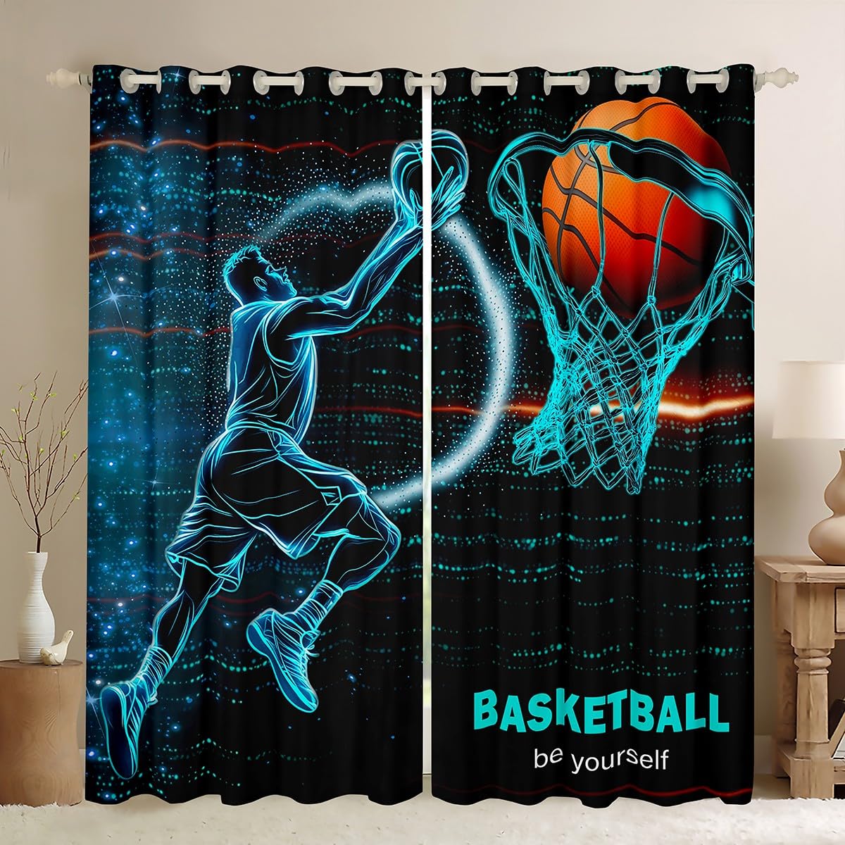 Homewish Basketball Blackout Curtains 46 x 54 Inch for Boys Bedroom - Basketball Player Dunking Design Eyelet Curtains for Living Room Dorm - Sports Themed Room Darkening Window Drapes โ image 1