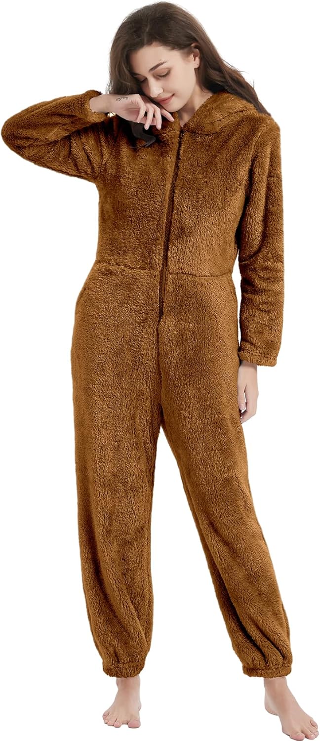Kissonic Women's Onesies Pajamas Sherpa Fleece One Piece Romper Zipper Cute Hooded Jumpsuit Pajama Loungewear - Image 6