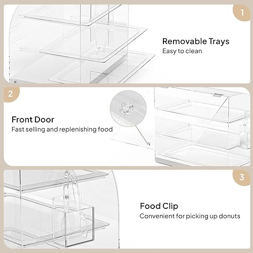 Miniatura 4 de ROVSUN Estuche de exhibición de pastelería de 3 bandejas, vitrina comercial de panadería, estuche de pastelería acrílico con bandejas extraíbles,