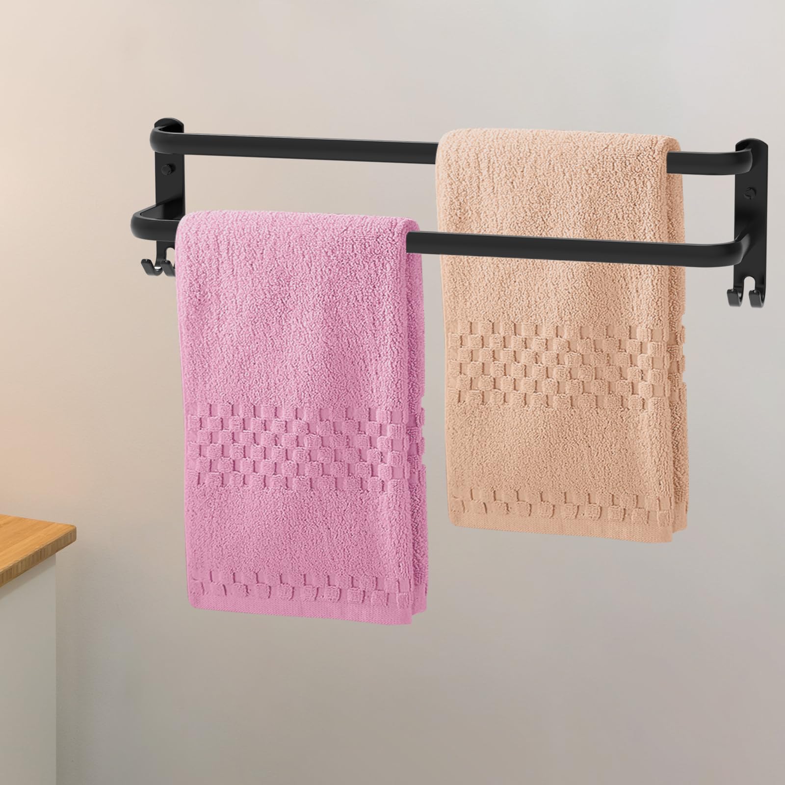 Estante de Toallas Toallero Pared Toalleros de Baño Aluminio Toallero con Ganchos, Barra de Toalla para Hogar y Hotel (Negro, 2-Tier 50CM)