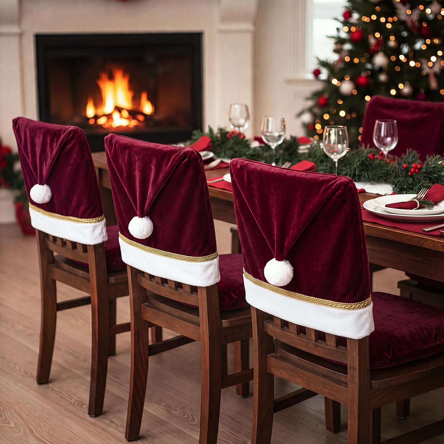 Boao 6 Pcs Burgundy Red Christmas Chair Covers Santa Claus Hat Chair Covers