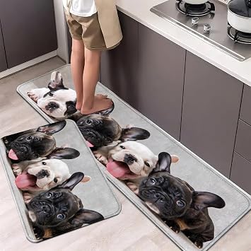 French Bulldog Kitchen Rugs Set, Cute Puppy Print Anti Fatigue Floor Mats, Non Slip Cushioned Runner for Kitchen Sink, Indoor Doorway, Pet Decor, Soft Grey Bulldog 2