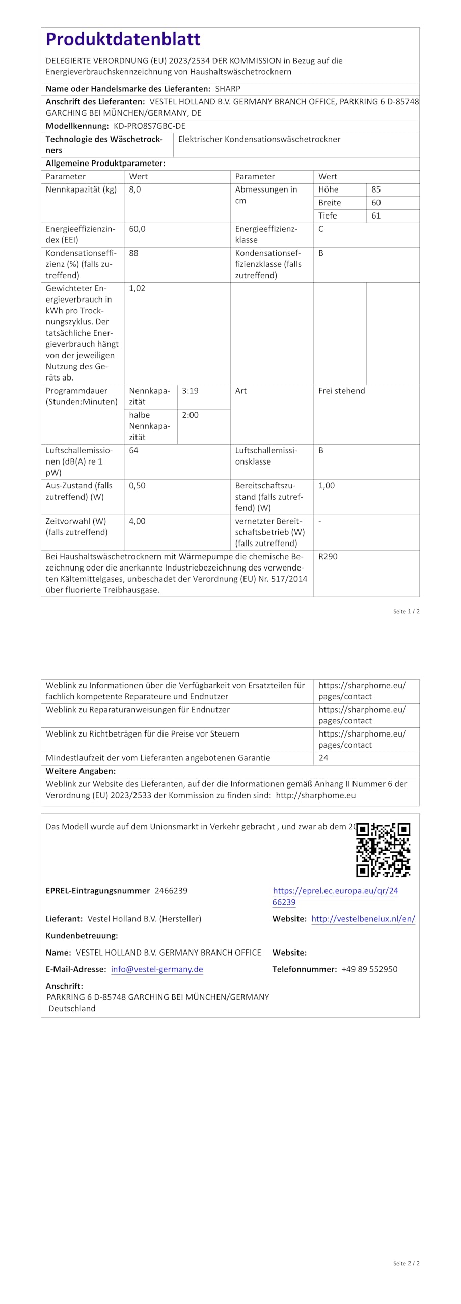 Sharp KD-PRO8S7GBC-DE Wäschetrockner, 8kg, C, WiFi, 15 Trockenprogramme inkl. 20-Minuten-Schnelltrockenprogramm, Schwarz